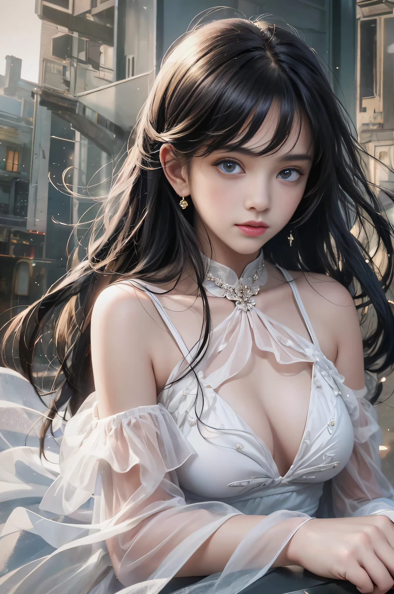 ((Girl lying on a marble table on a large floor))、Fluorescent color、1 girl、Looking to the side、Beautiful face、Beautiful eyes、(Off the shoulder:1.2)、Upper Body、Shiny Hair、Glowing Skin、 Reduce glare、The proportions of the fingers have been adjusted、Escrow、ass pov、Dynamic Angle、(((Master part)))、(((highest quality)))、(((Super-detailed))) detailed)、(An illustration)、(Detailed light)、(Very delicate and beautiful)、Dramatic_Shadow、Ray_Tracking、reflection、 Ultra-high resolution、((A girl with colorful hair and mesh in her black hair))、 Her hair flutters in the wind、(Large deep blue eyes)、Black Haired Woman、 Sparkling Butterfly、Black-haired woman、Points of light around the woman、Magical Aura、Green dot、Aura About Natural、超Magical AuraBlack-haired woman,((Semi-transparent white open shoulder dress:1.3))、(No sleeve)、((My skirt is flying up in the wind)),((An old European castle is hazy in the distance)),((White panties are visible)),