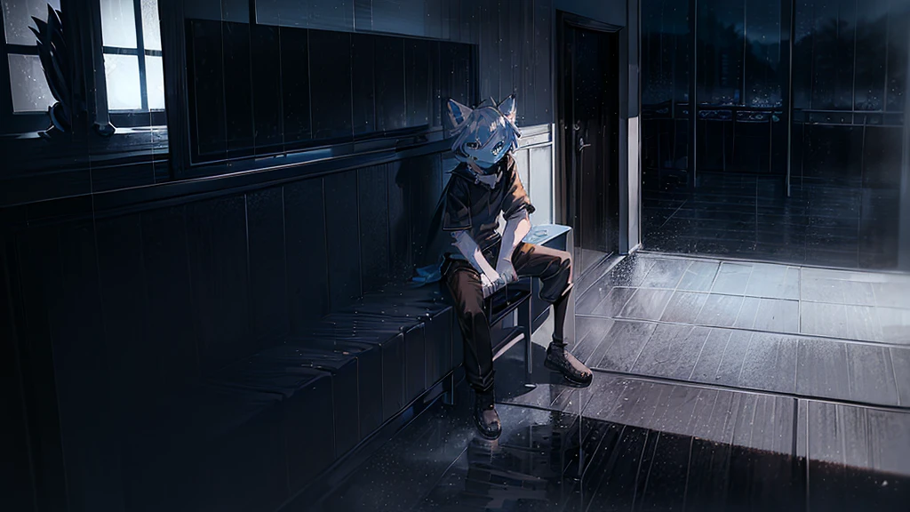 ((blue eyes, white fur, wearing black clothes and black pants, white furry ears, detailed shadows, Sitting on a chair, in a house, raining outside, with an AK-47, watching Tv))