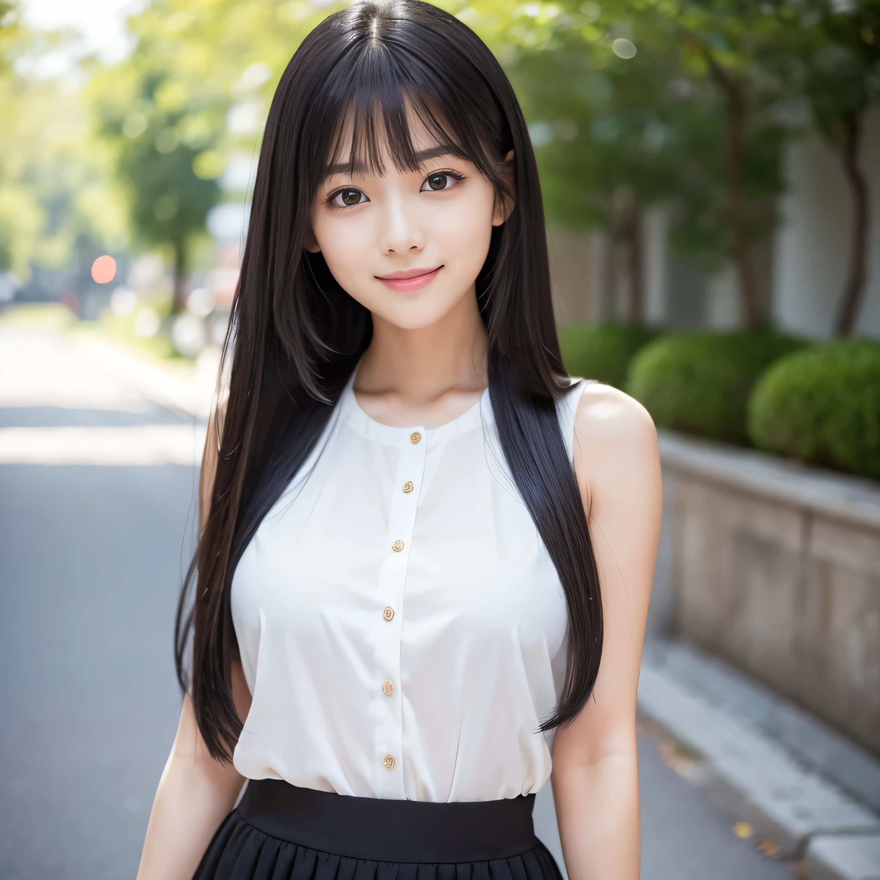 Create an ultra-realistic image of a 21-year-old Japanese woman named Kotone. She has extremely long, perfectly straight black hair that flows down to her waist, with blunt bangs that cover her forehead. Her eyes are large, enchanting, and have double eyelids with sparkling black pupils, giving them a captivating and youthful appearance. Her face is delicate and innocent, with very thin eyebrows that frame her large, childlike eyes. Kotone's skin is smooth and flawless, resembling snow in its pure white color. She has a slender and well-proportioned body with a shapely bust size of 95 cm, a height of 158 cm, a weight of 43 kg, an ideal waist size of 58.46 cm, and an ideal hip size of 86.73 cm. Her complexion is flawless, without any wrinkles, and her natural makeup enhances her features subtly, maintaining a fresh and youthful look. She embodies a perfect balance of youthful charm and mature elegance, with a cute and innocent smile that adds warmth and affection to her appearance.
Kotone should be depicted facing forward, with her body positioned to emphasize her front. Her long black hair should flow naturally over her shoulders, framing her face and upper body. Her pose should be confident and relaxed, with her arms gently at her sides or holding a small accessory. Her expression should be warm and inviting, with a friendly smile that captures her youthful charm. The lighting should be soft and natural, focusing on her front and emphasizing the smoothness of her skin and the delicacy of her features, creating a sense of depth and realism. The background should be simple and neutral, ensuring that every detail of her appearance is highlighted and that the focus remains on her face and front. She is wearing a casual yet stylish outfit that highlights her well-proportioned figure, such as a fitted blouse and skirt.