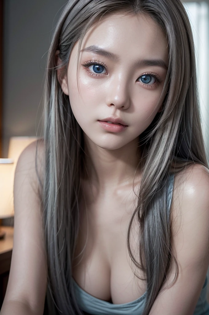 Close-up of a young Korean woman with long blue-gray hair, captured in a slightly slanted, sensual pose. She wears a delicate top that highlights her features, with an intense and enigmatic look directly at the camera. Her big blue eyes shine with an engaging expression., while your pink lips are slightly parted, adding a touch of mystery and attraction. Soft lighting highlights the curves of the face and body, creating a warm and captivating atmosphere, ideal for a feed post that combines ethereal beauty with subtle sensuality.