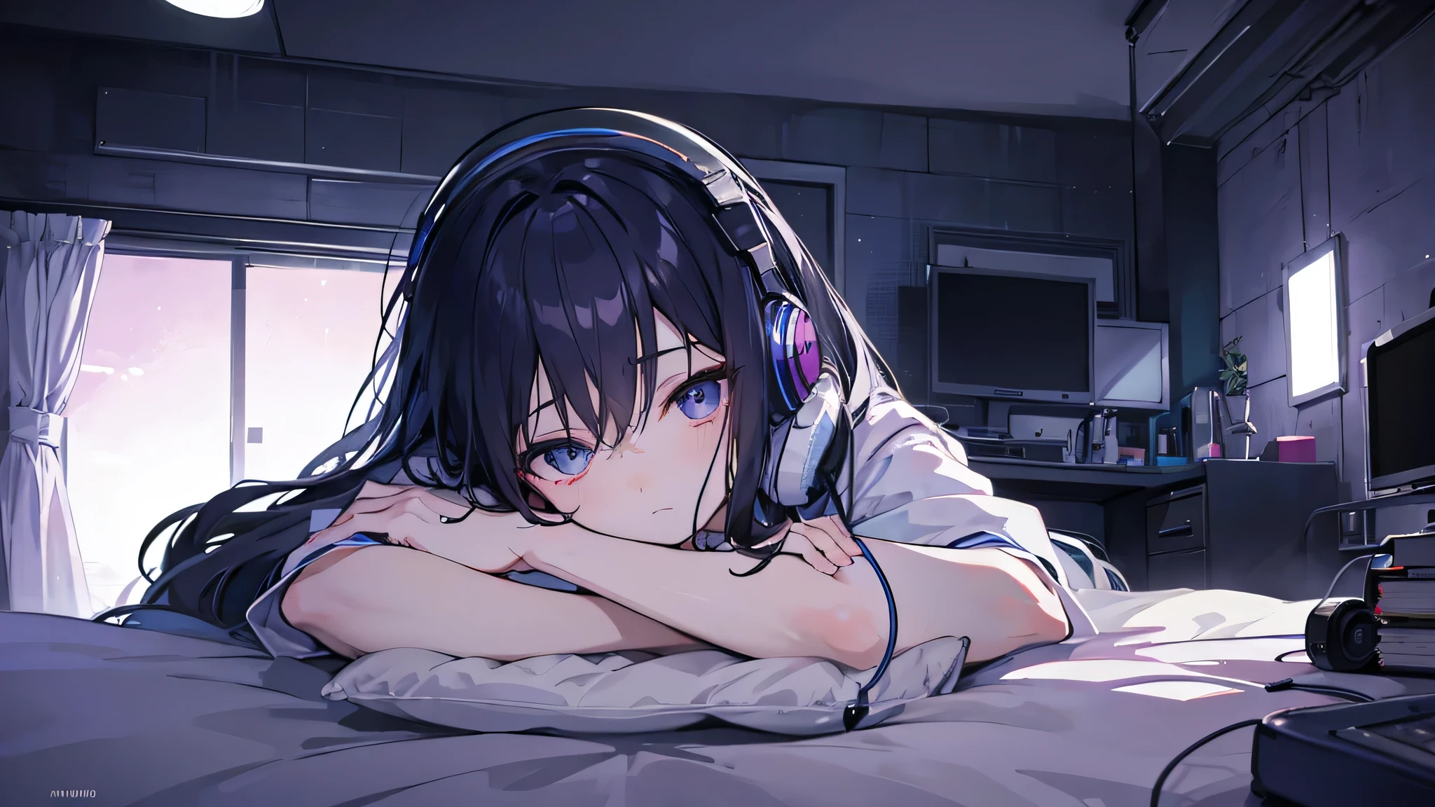 night、Girl listening to music in cozy room, Using headphones, Anime style 2D, Low Fidelity, harddisk, Dark Environment、Soft atmosphere