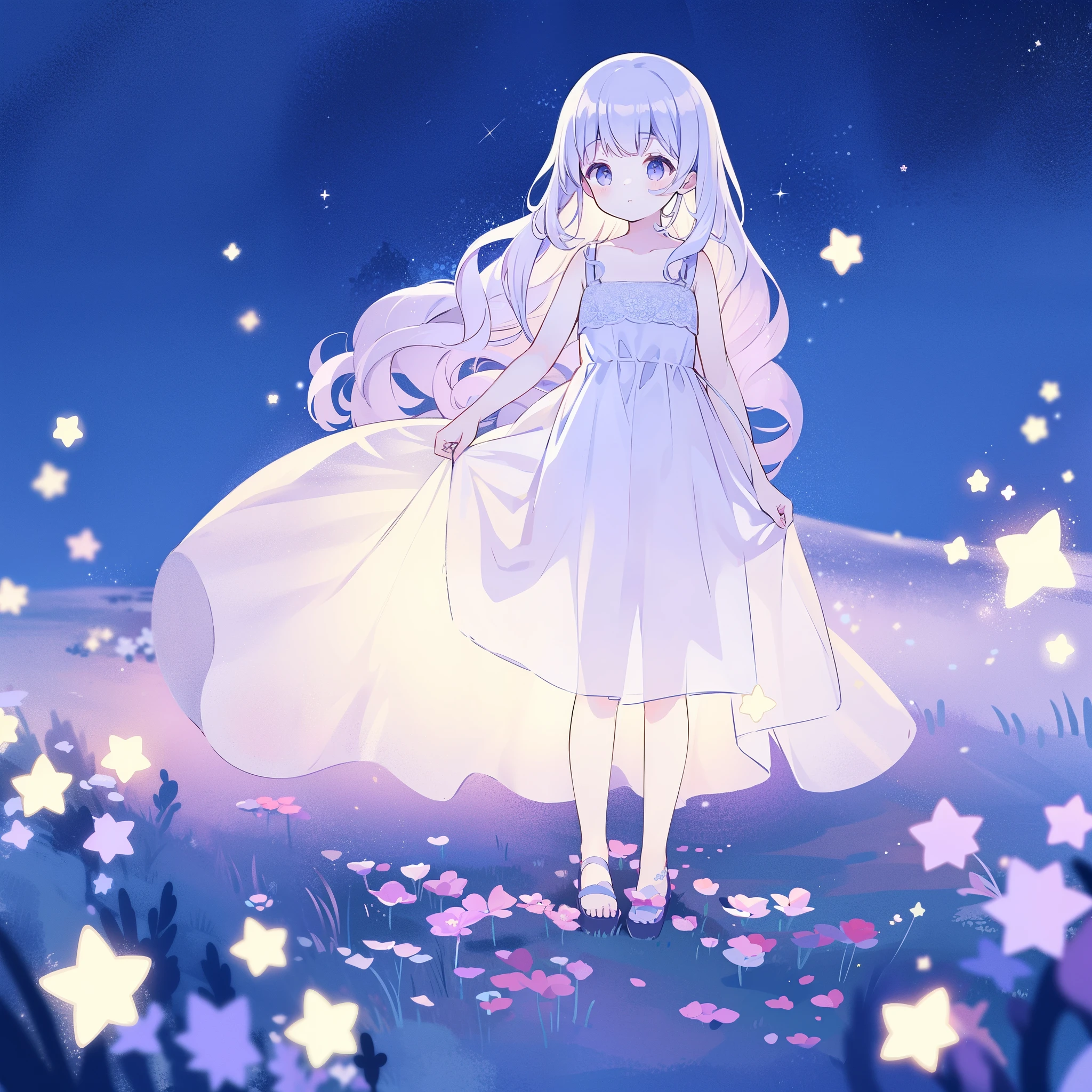 (magical dream flower garden landscape), girl wearing an ethereal translucent dress, pale skin, wavy gradient blue purple hair, perfect composition, highly detailed, ethereal, (starry night sky background), midjourney style