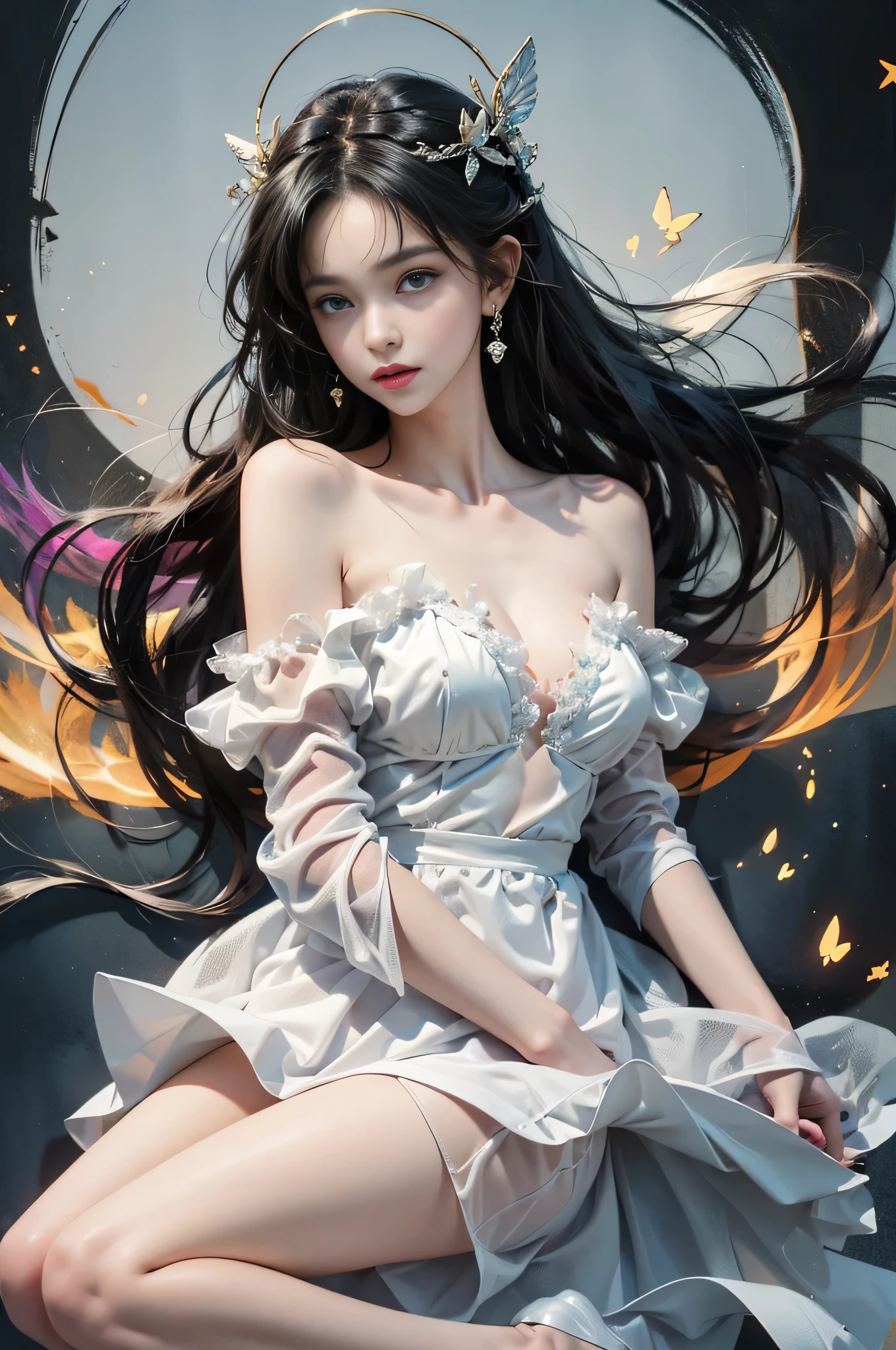best quailty,tmasterpiece,Super-High Resolution,(真实感:1.4),A girl with,Beautiful face,Long curly black hair,White slip dress,short skirt,white stockings,white Heels,Hand-held skirt,Red flower sea background,The beautiful glow of the sunrise infects the whole picture,It instantly brings a fresh and mysterious atmosphere