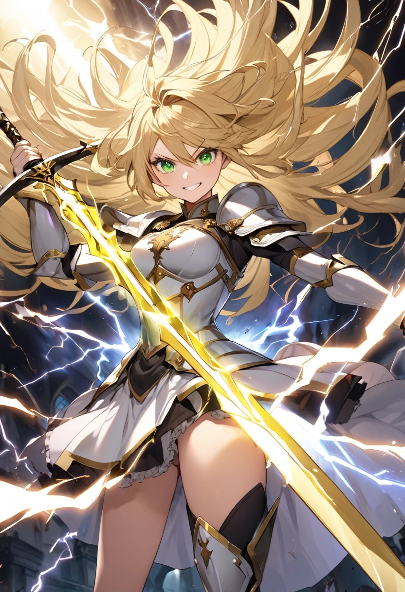 Blonde Waving Hair、 girl、Arrogant personality、Holy Knight、Fearless smile、Green Eyes、He has a huge, shining golden sword、Controlling Lightning、Electrified、hair stands on end、strongest、In combat