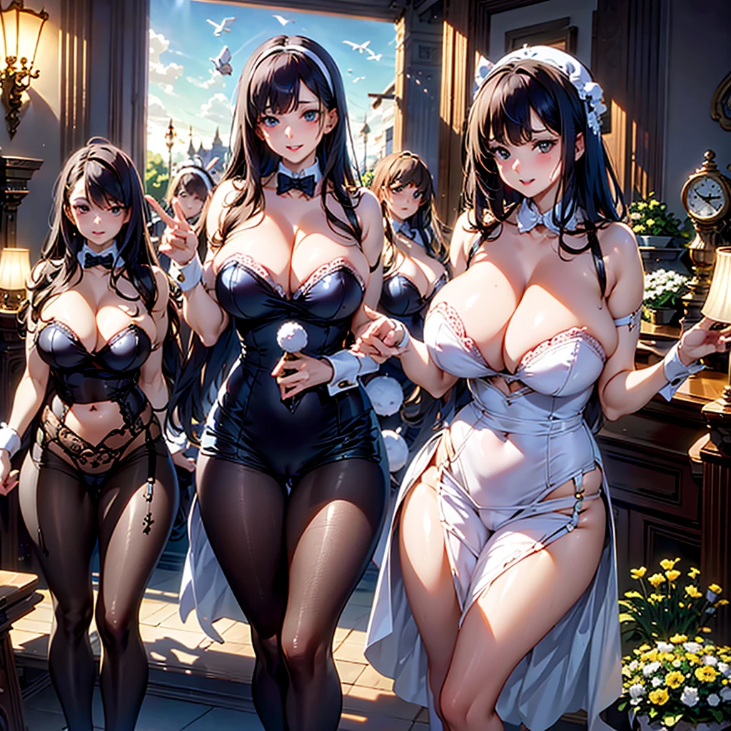 Five Alices in brunette wonderland with rabbits and clocks