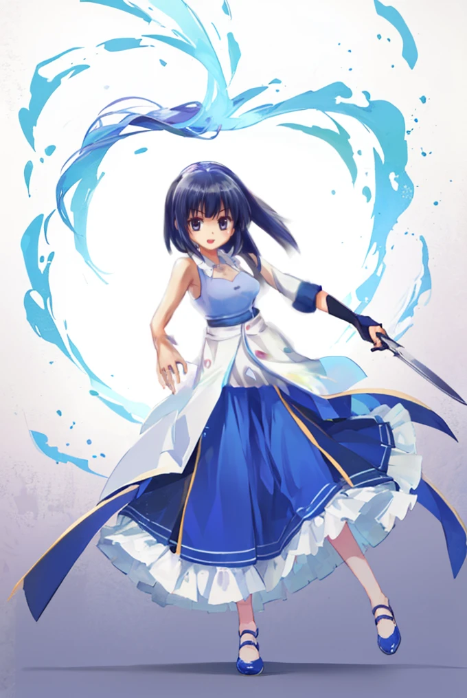 anime girl with pony tail hair and blue dress holding a knife, anime moe artstyle, anime portrait of shiina ringo, rei hiroe, floating in pose, long white skirt, blue shoes