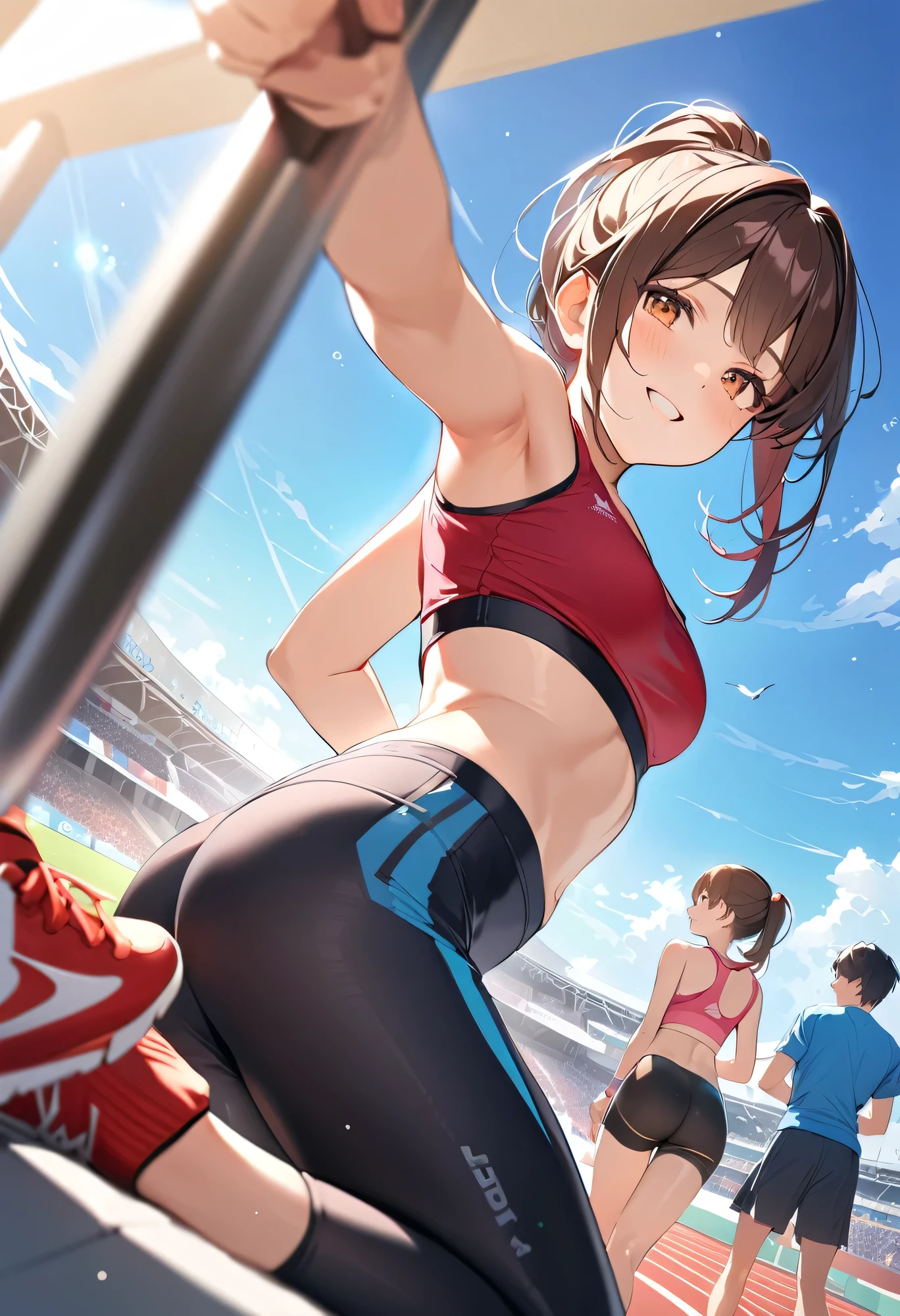 (highest quality:1.4)、High resolution、detailed background)、(detailed beautiful face:1.4)、anatomically correct、moderate chest、attractive ass、brown hair、braided bob、ponytail、realistic、perfect body line、thick thighs、emphasize the buttocks、healthy、Healthy and beautiful、

Smiling and relaxed while stretching with her coach and teammates、
After finishing a race or practice session, participants high-five their teammates to share their joy.、
Sitting with friends during breaks and drinking water、

Close-up of the buttocks from a low angle、Super close-up shot from directly below、Beautiful teenage girl looking back、athletics stadium、

Opt for fitted crop tops and bodysuits、
The mesh design on the back and sides and the lace-up details give it a sexy look.、
We recommend high-waisted fitted running shorts or leggings、
Design with cuts and mesh panels that accentuate the body line、
Choose running shoes that fit well、Bright colors and chic designs、
Opt for a simple sports watch and a thin headband.、
It is important to avoid excessive accessories in order to emphasize sexiness.、
Choose items that you can wear with confidence, such as a fitted sports bra or a tank top that exposes a moderate amount of skin.、A big smile、laughing、smiling、cute
