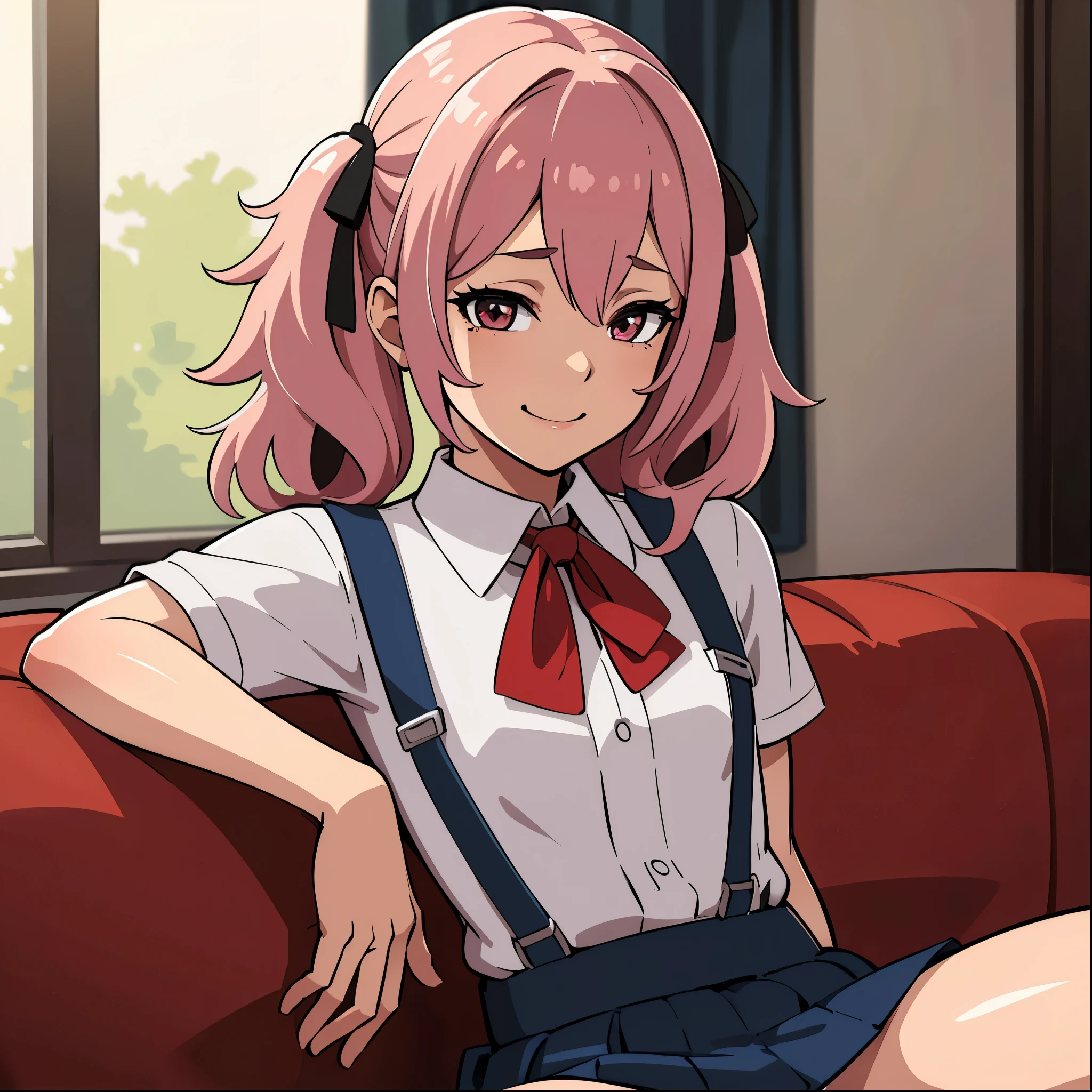 top quality, masterpiece, ultra high definition, (photorealistic: 1.4), image of a flat chested anime femboy boy with long pink messy hair with pigtails freckles on his cheeks and brown eyes he wears a white shirt with suspenders and a blue skirt with white stockings and black stripes he has big thighs he is short tall and smiling, he is sitting on a sofa showing his big thighs 