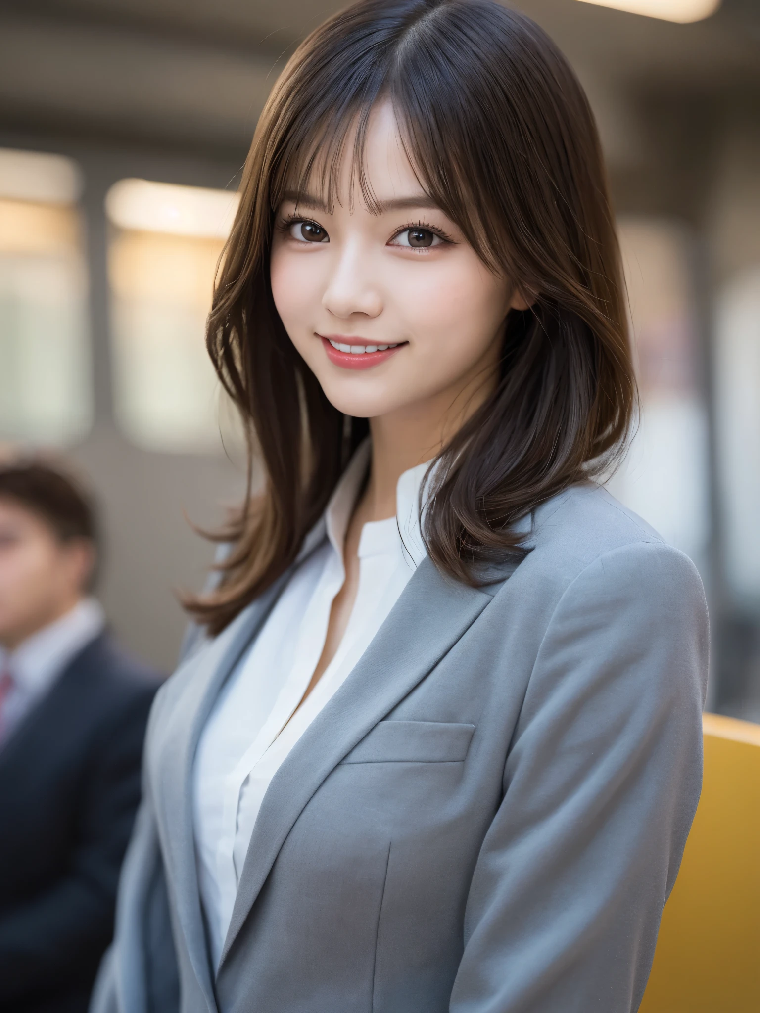 masterpiece, best quality, illustration, ultra-detailed, finely detailed, high resolution, 8K wallpaper, perfect dynamic composition, beautiful detailed eyes, commuting, business attire, long hair, focused expression, cute, smile, looking at camera