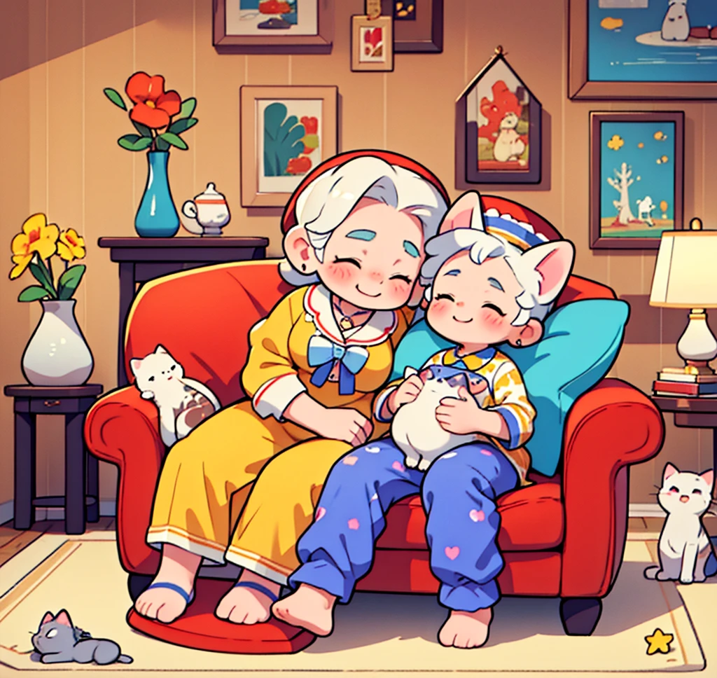 masterpiece, Highest quality,8k,A heartwarming, comical scene featuring several elderly people relaxing together in a cozy living room. The elderly individuals are dressed in colorful pajamas and distinctive hats, with cheerful smiles on their faces. The room is furnished with large, comfortable sofas and armchairs, where cute animals are lounging alongside them. For instance, a dog is perched on one elderly person's lap, while a cat is playfully sitting on another's shoulder. The animals are adorned with whimsical accessories, such as tiny bow ties or hats. The background is decorated with fun artwork and quirky items, creating a bright and joyful atmosphere.