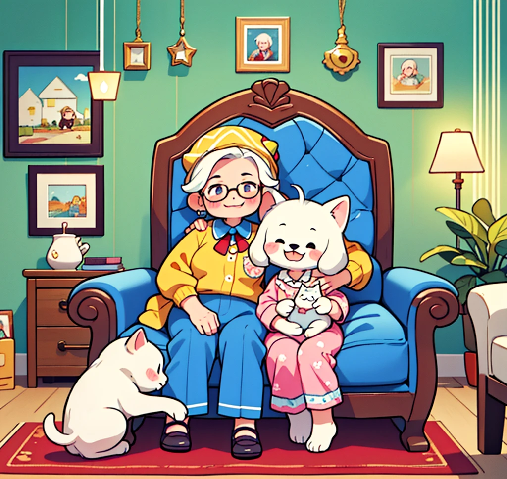 masterpiece, Highest quality,8k,A heartwarming, comical scene featuring several elderly people relaxing together in a cozy living room. The elderly individuals are dressed in colorful pajamas and distinctive hats, with cheerful smiles on their faces. The room is furnished with large, comfortable sofas and armchairs, where cute animals are lounging alongside them. For instance, a dog is perched on one elderly person's lap, while a cat is playfully sitting on another's shoulder. The animals are adorned with whimsical accessories, such as tiny bow ties or hats. The background is decorated with fun artwork and quirky items, creating a bright and joyful atmosphere.