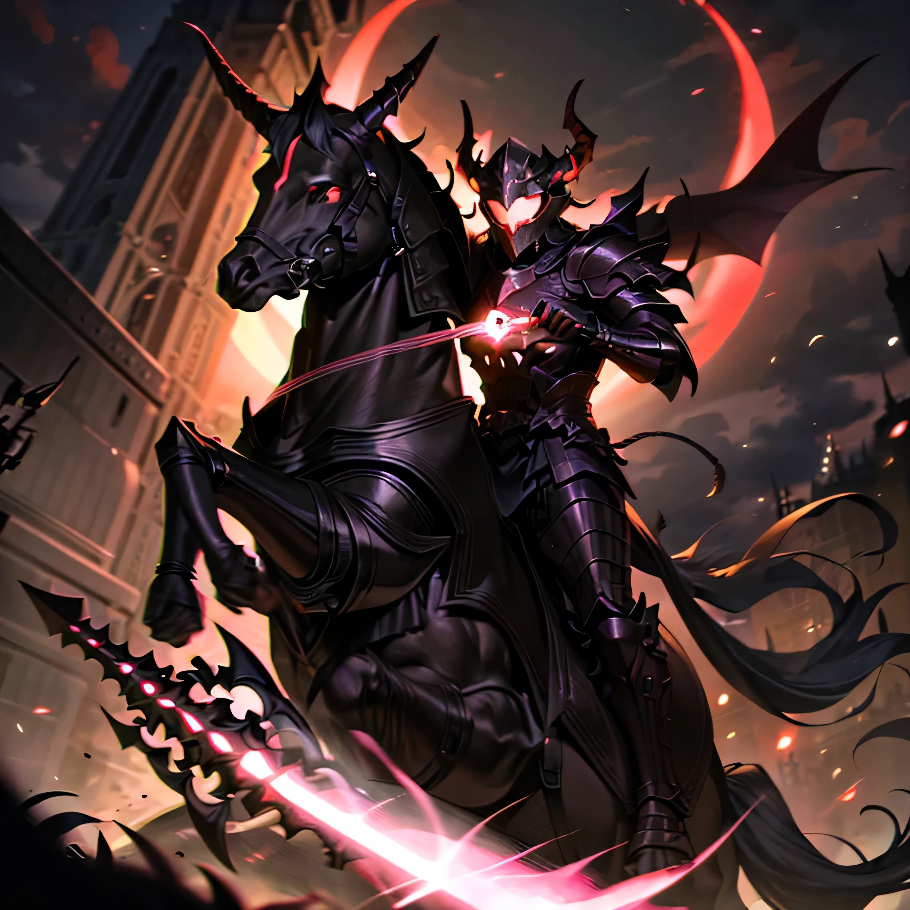 monster, black armor, helmet with horns, red glowing, outdoors, forest, night, night sky, big sword, riding a horse, horse
