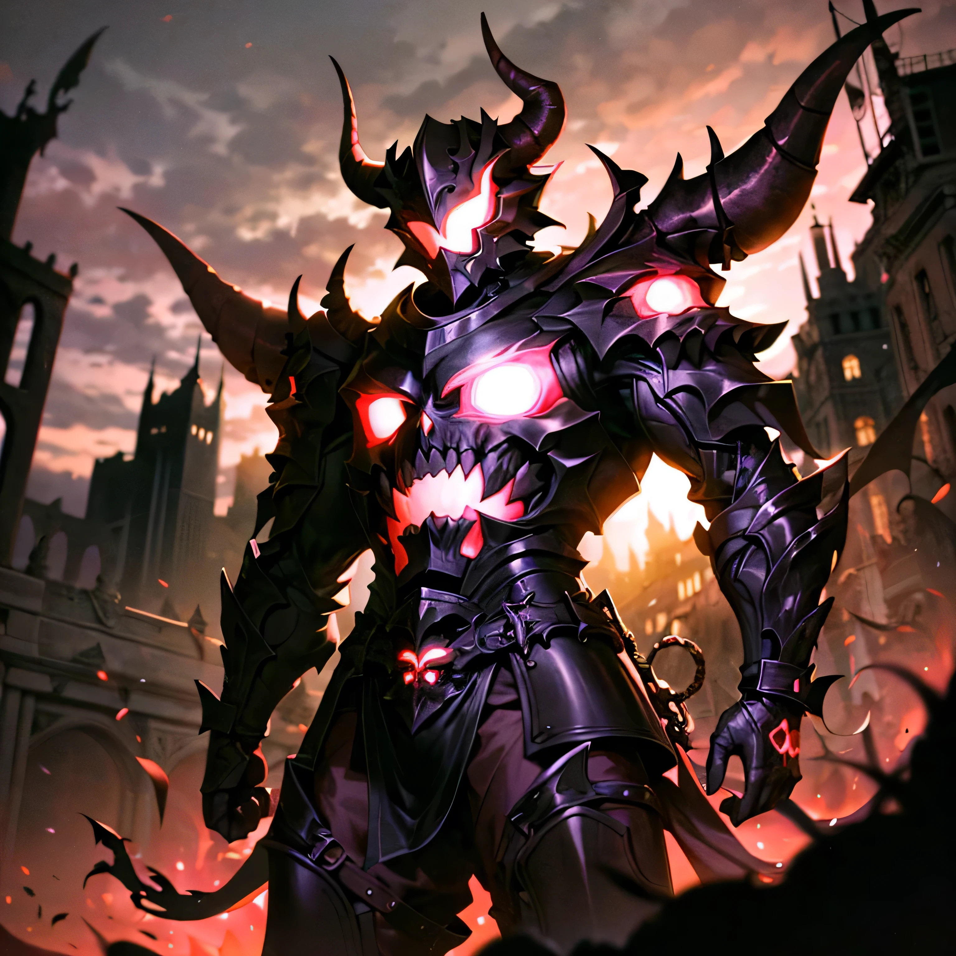 monster, black armor, helmet with horns, red glowing, outdoors, forest, night, night sky, cityscape, neon city
