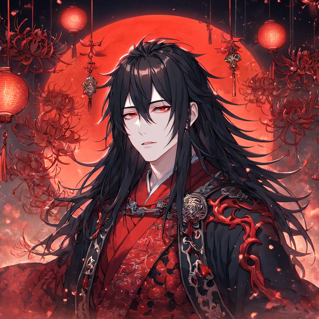 absurdres, highres, ultra detailed, HDR, master piece, best quality, extremely detailed face, delicated features, Xue Yu, untamed spiky hair, black hair, long hair, hair between the eyes, expressive red eyes, Thousand Years War, solo, sexy man, handsome, black haori, red fantasy robes, accessories, spider lilies patterns, red moon, red blood water, fantasy, magic, envy magical, red trees, forest, red dust, red lanterns, red fire, red floating round lights, Jujutsu Kaisen