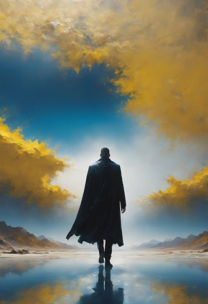 Pixelart por Jeremy Mann, Man in black cape in yellow desert walking alone, mostly blue tones and small details in yellow, 4D high relief texture painting, construction, construction site, Building in the background, floor, 8k, 4D, futuristic, water tank in the background, ornate desert, aerial view, view from far away, photorealism, abstract impressionism