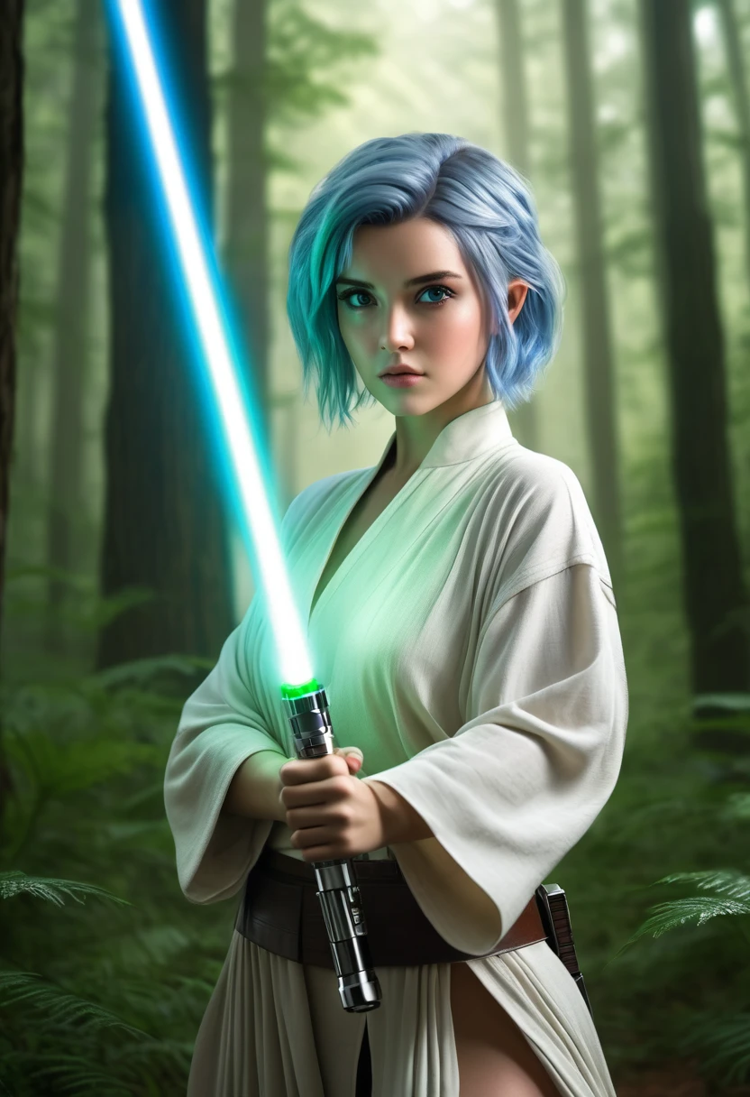 ultra wide angle, in focus, forest background, gorgeous lifelike, dynamic pose, a young lady, (highly detailed face and eyes:1.3), holding green lightsaber in her hand, medium shot, hyper details, lighting art, cinematic, insane details, intricate details, hyperdetailed, jedi com roupas brancas, fractal, dark shot, big , full body, jedi (Star wars), white clothes, short hair, blue hair