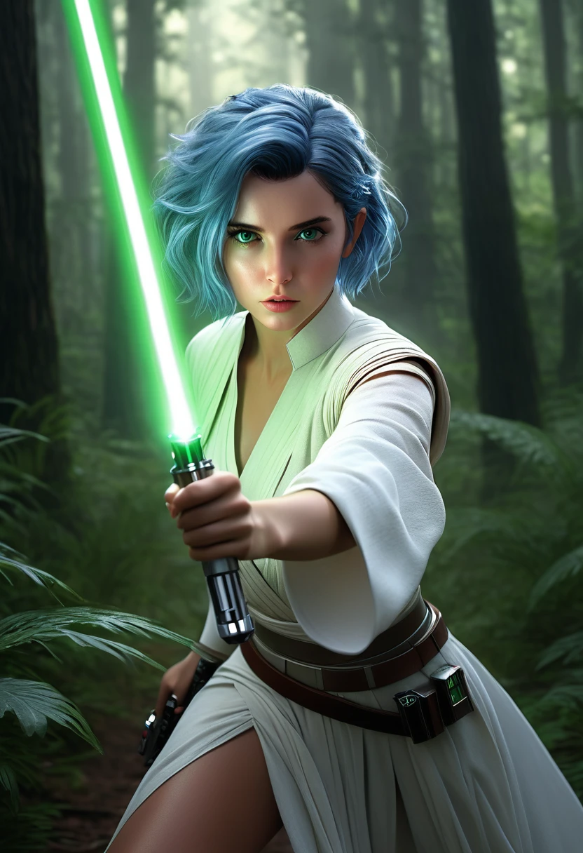ultra wide angle, in focus, forest background, gorgeous lifelike, dynamic pose, a young lady, (highly detailed face and eyes:1.3), holding green lightsaber in her hand, medium shot, hyper details, lighting art, cinematic, insane details, intricate details, hyperdetailed, jedi com roupas brancas, fractal, dark shot, big , full body, jedi (Star wars), white clothes, short hair, blue hair