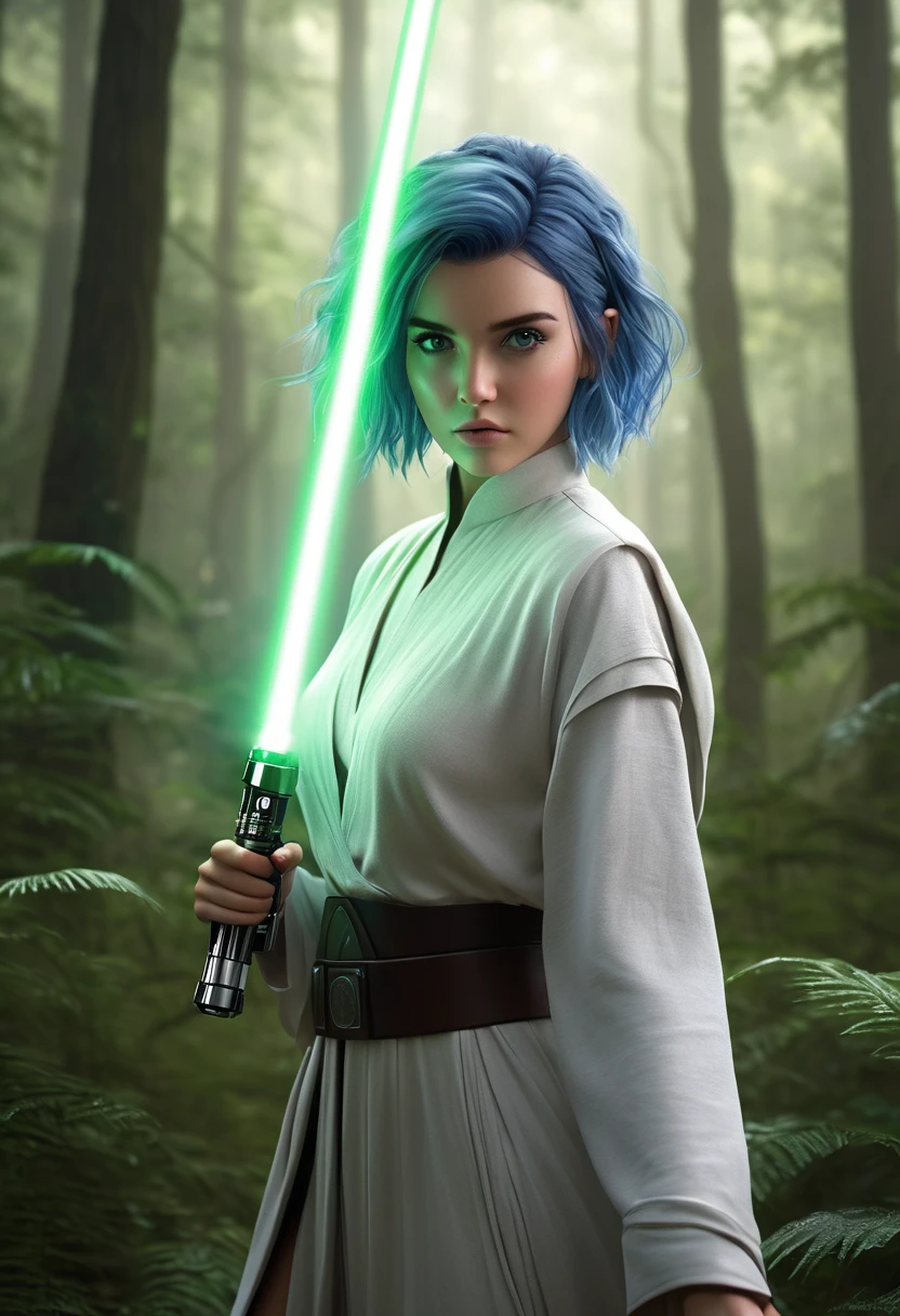 ultra wide angle, in focus, forest background, gorgeous lifelike, dynamic pose, a young lady, (highly detailed face and eyes:1.3), holding green lightsaber in her hand, medium shot, hyper details, lighting art, cinematic, insane details, intricate details, hyperdetailed, jedi com roupas brancas, fractal, dark shot, big , full body, jedi (Star wars), white clothes, short hair, blue hair