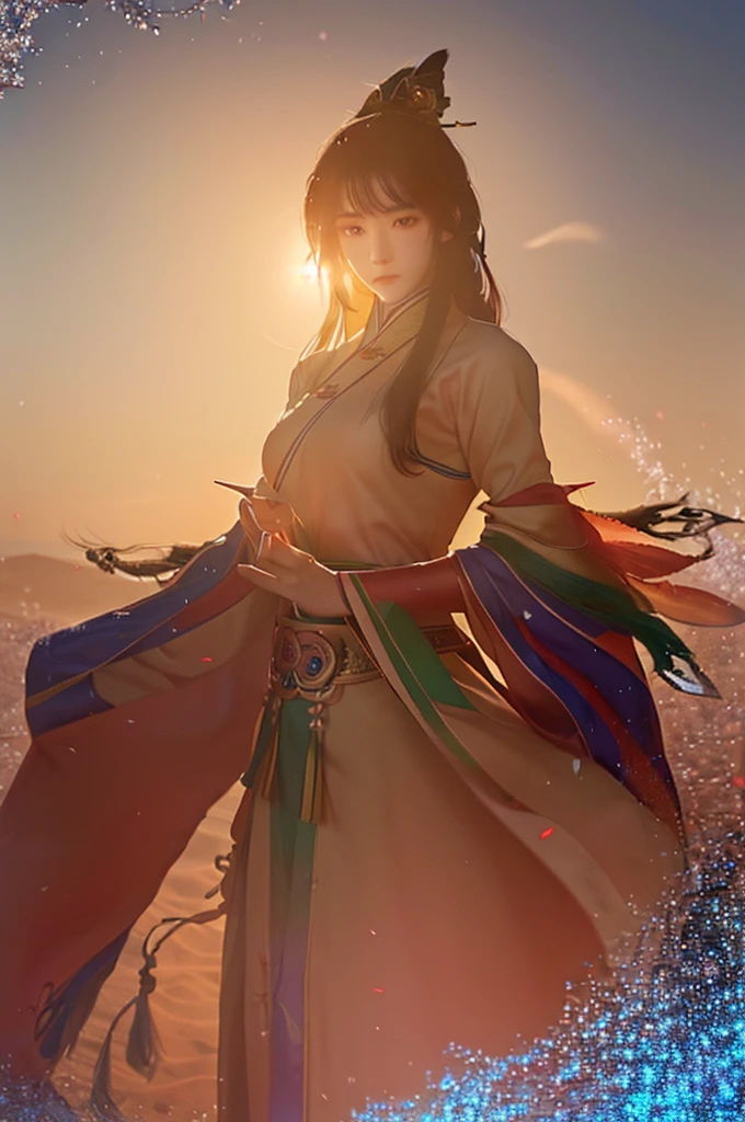 Chinese martial arts game character, anime beauty, long hair, one sun finger, long sleeves, swordsman 3, holding a fan, peacock feather decoration, art, real material, wind and sand, hand-painted style, Fairy, Dunhuang