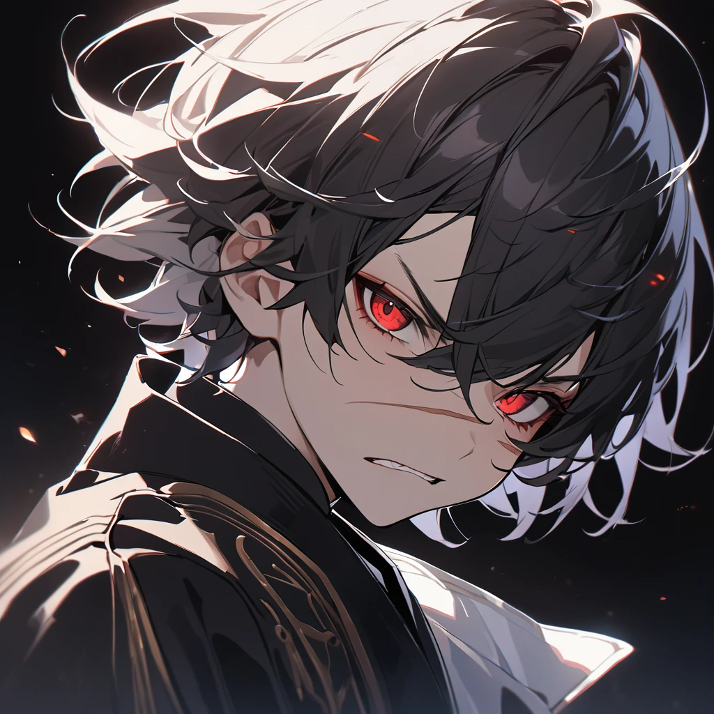 ((BLACK BACKGROUND:1.5)), masterpiece, best quality, ultra detailed, exquisite, beautiful, highres, abyss, ((1 boy)), shota, oni, ((Angry)), looking at viewer, men's short hair, hair covering eyes, black hair, red eyes, japanese clothes, with a scar, with horns, -yeld, oide, upper body, ((headshot))