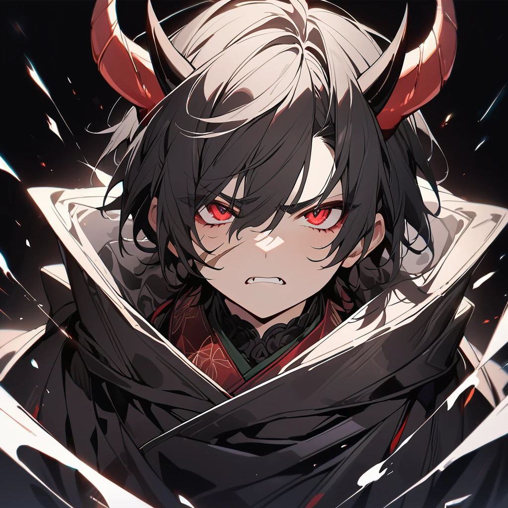 ((BLACK BACKGROUND:1.5)), masterpiece, best quality, ultra detailed, exquisite, beautiful, highres, abyss, ((1 boy)), shota, oni, Angry, looking at viewer, men's short hair, hair covering eyes, black hair, red eyes, japanese clothes, with a scar, with horns, 13-year-old, outside, upper body, ((headshot))