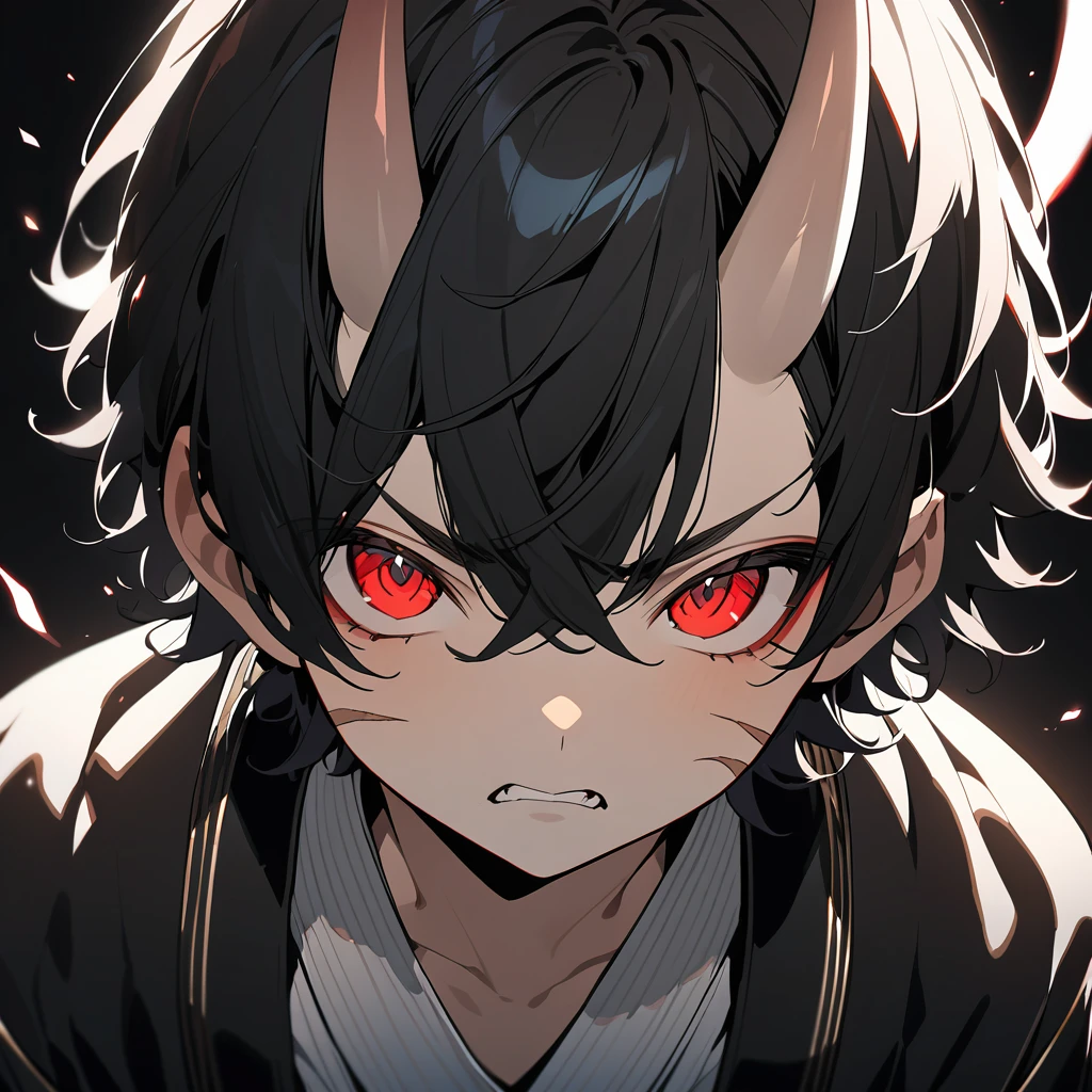 ((BLACK BACKGROUND:1.5)), masterpiece, best quality, ultra detailed, exquisite, beautiful, highres, abyss, ((1 boy)), shota, oni, ((Angry)), looking at viewer, men's short hair, hair covering eyes, black hair, red eyes, japanese clothes, with a scar, with horns, 13-year-old, outside, upper body, ((headshot))