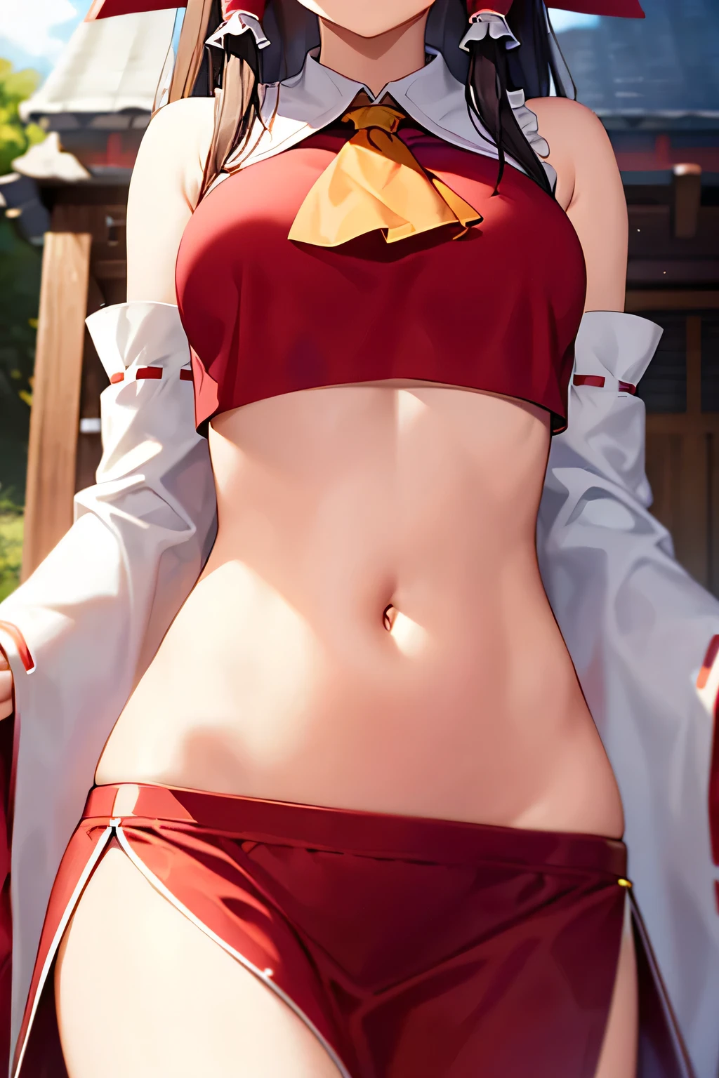 super fine illustration, vibrant colors, masterpiece, sharp focus, best quality, depth of field, cinematic lighting, ultra detailed, blush, belly button, navel, tummy, shrine maiden, hakurei reimu, 1girl, hair bow, ascot, hair tubes, detached sleeves, red shirt, red skirt, very long hair, dark brown hair, outdoors, mature woman, ,hakurei reimu, 1girl, hair bow, ascot, hair tubes, miko, detached sleeves, Reimu Hakurei, stomach, annoyed, catwalk (modeling), curly hair,