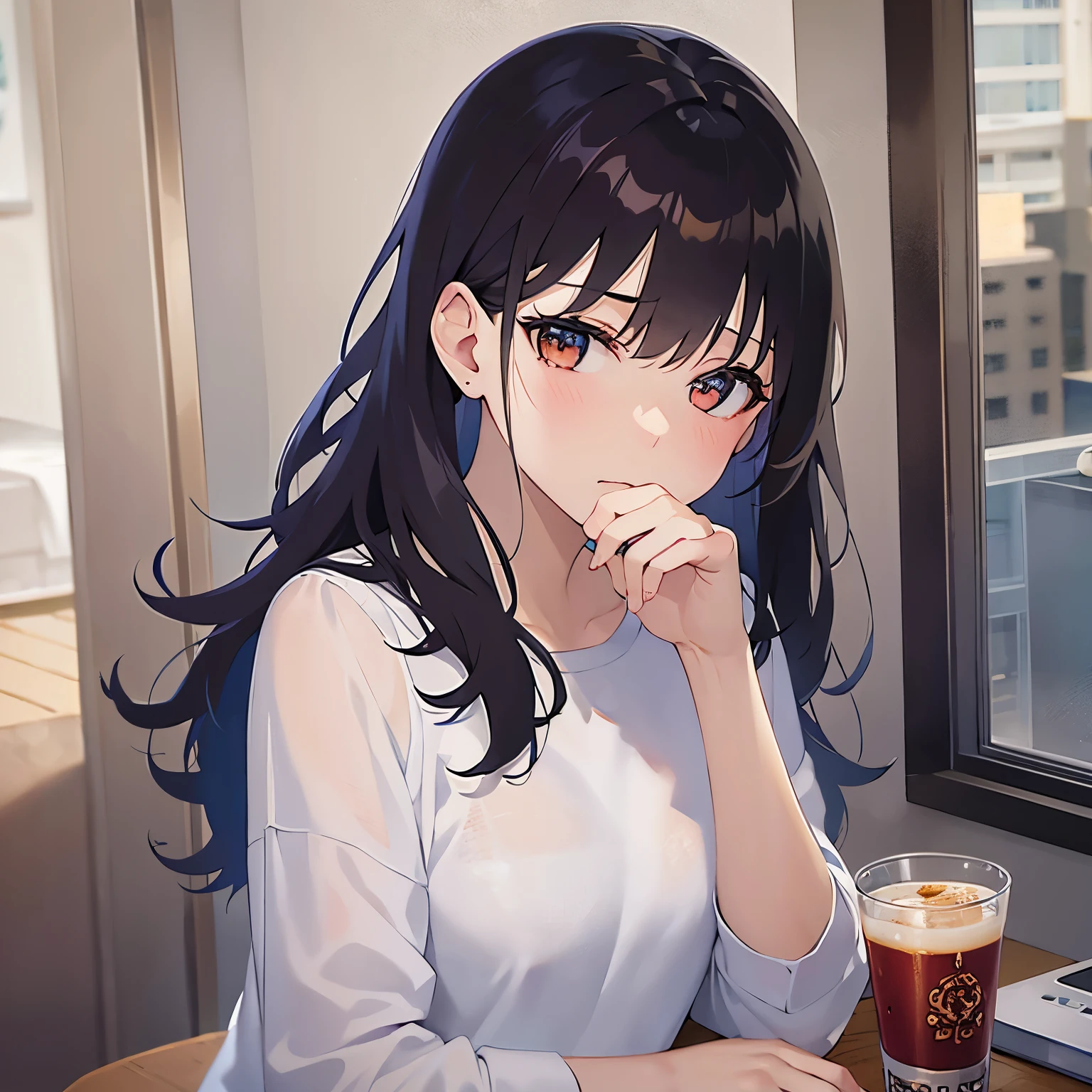 wearing an oversized men's shirt. The shirt is too large for her, giving a baggy and loose appearance. upper body, (pale skin: 1.2), shiny skin, shiny hair、(A 25-year-old woman with medium-length hair and bangs) and (wavy hair) and (brown hair) and (orange eyes) , (sad:1.3), living、Alone、