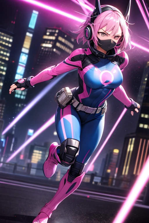 ((best quality)), ((masterpiece)), (detailed), 1 girl, full body, 20s, young adult, masked, black mask covering her entire head, smooth head, furious expression, biker helmet, biker helmet with blue headphones on the sides, flashlight on her forehead, short pink hair sprouting from her helmet, face, black collar, tall, slim, athletic, circles on her wrists, pink detailing, black fingerless gloves, pink wrist guards, nanotech speedster suit resembling light armor, blue chest with an emblem, blue chest, black suit with pink lines, pink speed emblem on her chest, pink emblem, blue pants, gray knee pads, metallic pink boots, white superhero belt, running through the city, pink light trail, laser, city background, anime
