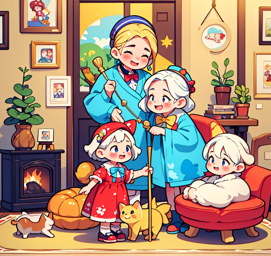masterpiece, Highest quality,8k,A heartwarming and comical scene featuring a group of elderly people enjoying time with children and animals in a cozy living room. The elderly individuals are dressed in vibrant, whimsical clothing and hats, and they are smiling and interacting with the kids and pets. The children are playfully engaged with the animals, such as a dog and a cat, which are wearing amusing accessories like tiny hats or bow ties. The room is filled with colorful toys, cheerful artwork on the walls, and playful decorations. The overall atmosphere is lively, joyful, and filled with laughter, capturing a sense of fun and togetherness
