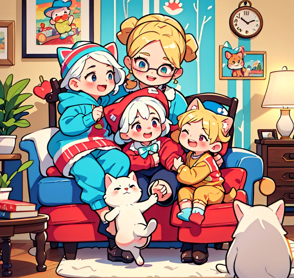 masterpiece, Highest quality,8k,A heartwarming and comical scene featuring a group of elderly people enjoying time with children and animals in a cozy living room. The elderly individuals are dressed in vibrant, whimsical clothing and hats, and they are smiling and interacting with the kids and pets. The children are playfully engaged with the animals, such as a dog and a cat, which are wearing amusing accessories like tiny hats or bow ties. The room is filled with colorful toys, cheerful artwork on the walls, and playful decorations. The overall atmosphere is lively, joyful, and filled with laughter, capturing a sense of fun and togetherness
