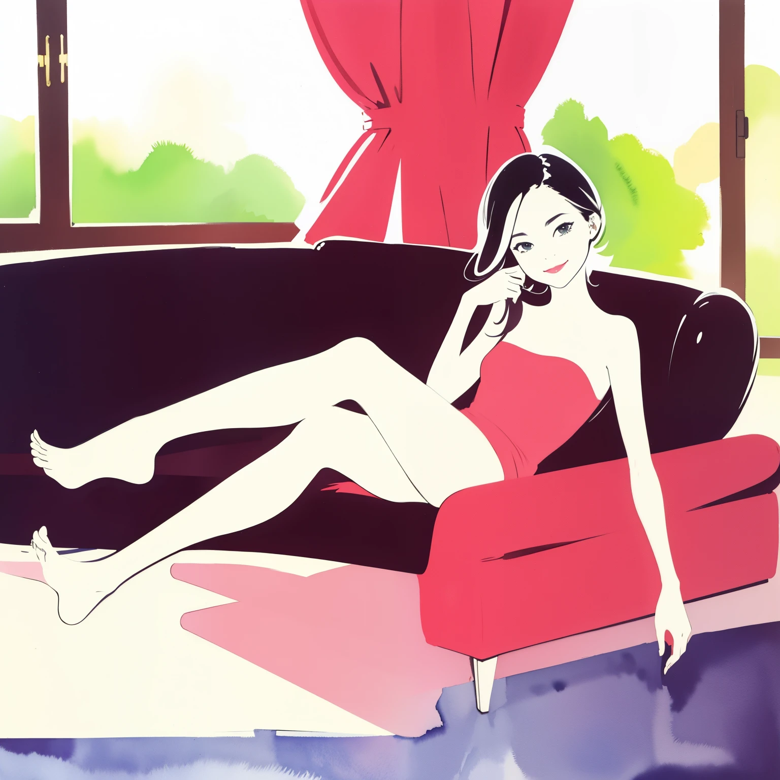 Young girl lying on sofa by window with legs bent, smiling, having fun, watercolor