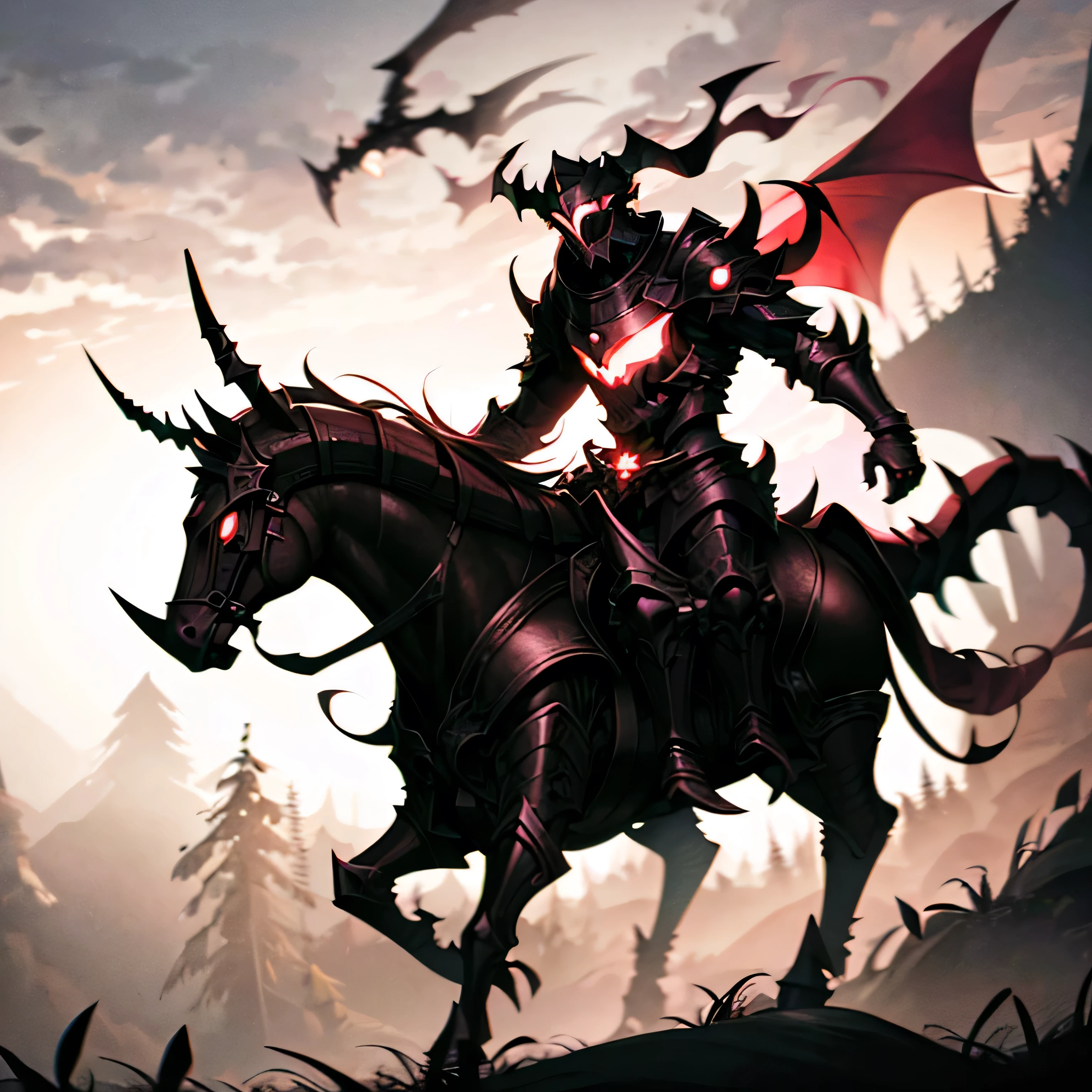 monster, black armor, helmet with horns, red glowing, outdoors, forest, night, night sky, riding a dragon, dragon
