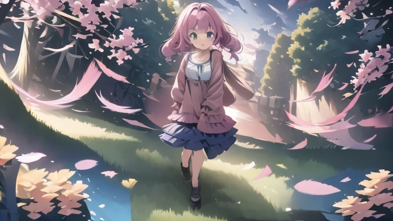 4K Girl Plateau at night fluffy skirt dress cardigan Two Piece Ash pink to green blue hair color Ruby Eyes Earth Colors anime comics smile fine Uplifting Glass Feather Iridescent feathers Two Moons mysterious Soft Moonlight