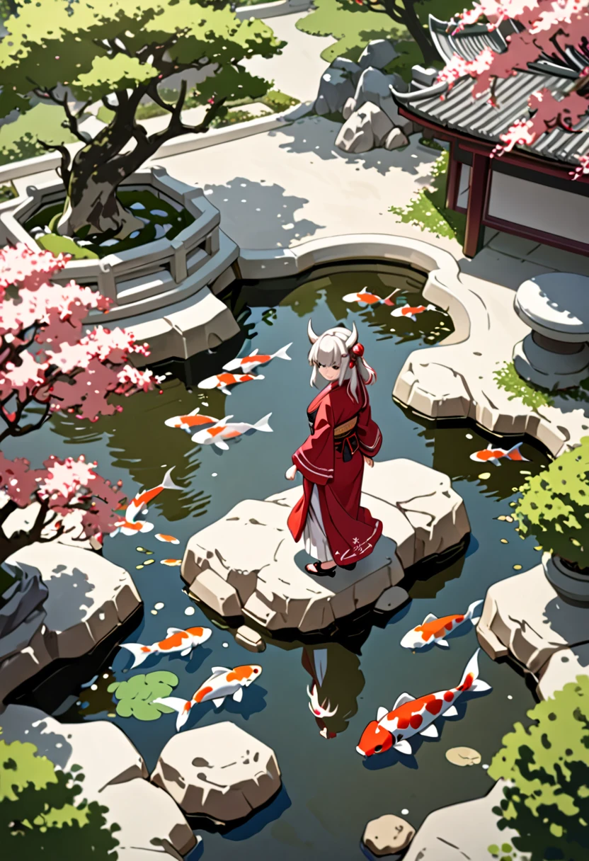 8K Ultra High-Quality, ultra-detailed, High quality, Nakiri Ayame, white horns, koi fish pond, standing on top of a rock, sand garden, sakura tree background, relaxed face, full body