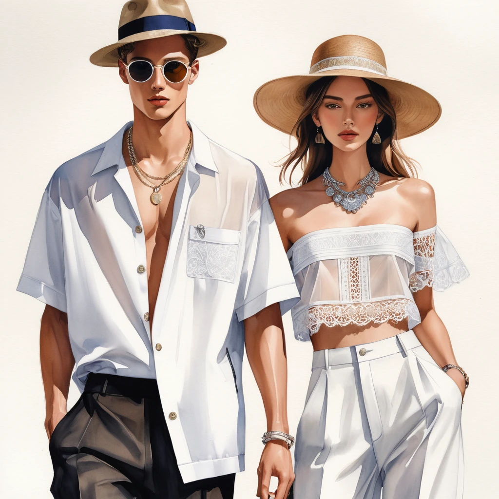 candid fashion illustration of young man and woman, both aged 23 year old, tall and slender, super model, ((showcase fashion in a White cotton outfits)), clothes inspired by Christian Dior's resort collection 2024 in elegant bohemian style with ethnic woven details. The man wears an oversized short-sleeved shirt with lace transparent details, paired with relaxed-fit Pants, semi bugle, He completes his look with sneakers, round sunglasses, hat, The woman complements him in a white strapless cotton dress with lace embroidery details in white on the top edge and features side entry pockets, Her ensemble includes an accessorizes with a wide-brimmed straw hat, white sneakers and big necklace. Captured in a ((full-body pose)), ((simple water-color on white paper background)), realistic pencil lines, imperfect drawing, charcoal lines detail, fading sketch, fashion Sketching, Dutch angle,