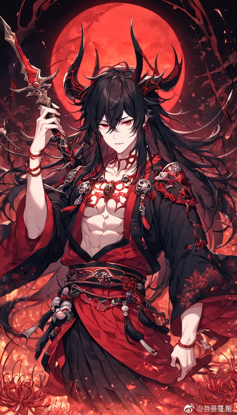 absurdres, highres, ultra detailed, HDR, master piece, best quality, extremely detailed face, delicated features, Xue Yu, untamed spiky hair, black hair, long hair, hair between the eyes, expressive red eyes, Thousand Years War, solo, sexy man, holding a sword in his right hand, handsome, demon, horns, toned chest, black haori, red fantasy robes, accessories, spider lilies patterns, red moon, red blood water, fantasy, magic, envy magical, red trees, forest, red dust, red lanterns, red fire, red floating round lights, Jujutsu Kaisen
