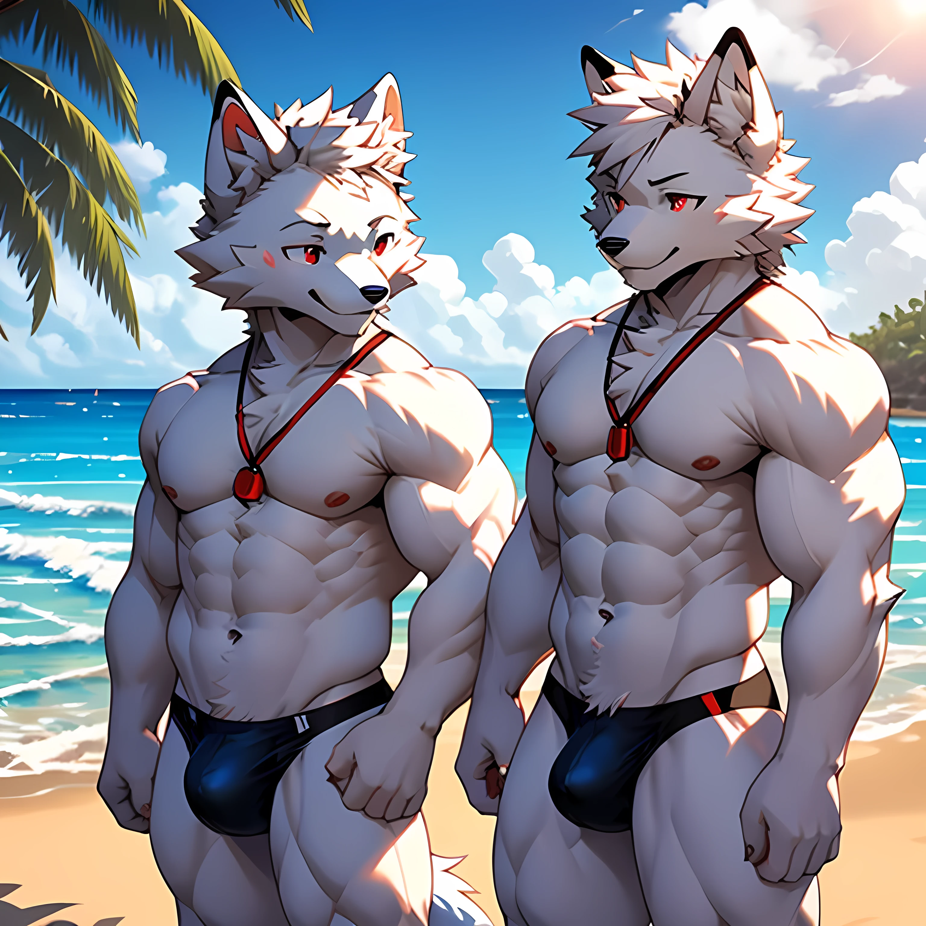 dad and son, duo, furry white arctic fox, white short hair, red eyes, white ears, , medium strong body, without clothes, full naked, black thong, very large bulge in the crotch, crotch about to burst, beach background