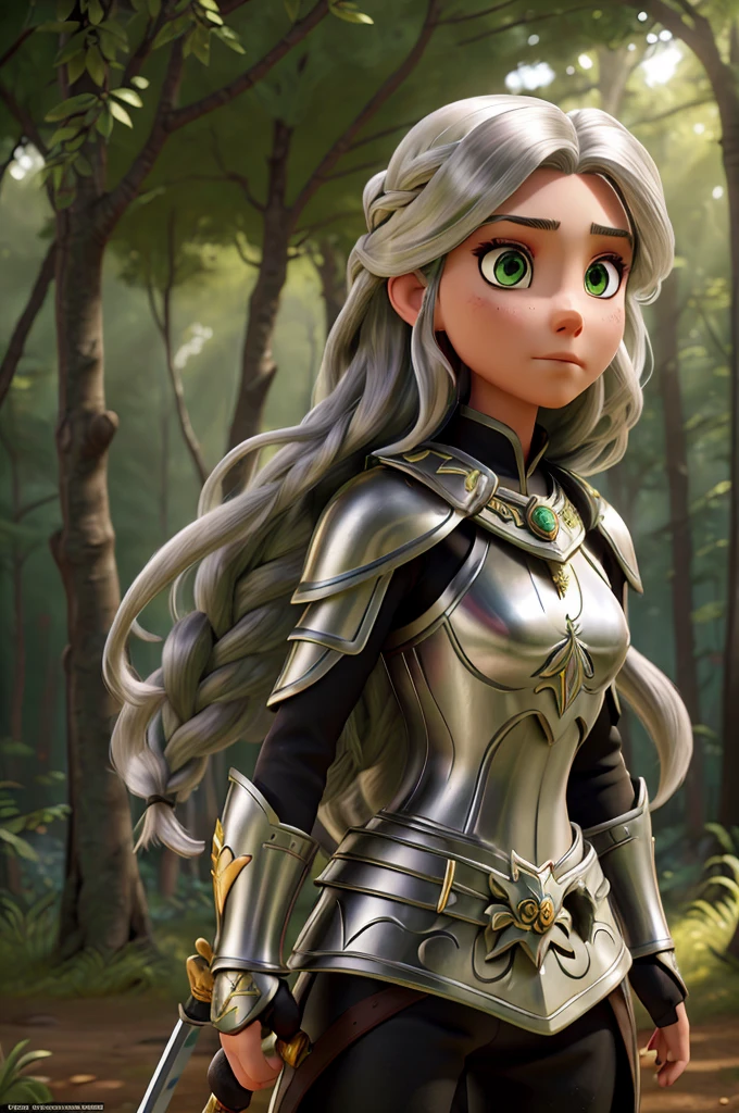 a beautiful female warrior with long silver hair, piercing green eyes, high cheekbones, detailed facial features, wearing a black and gold armor, holding a silver sword, standing in a fantasy forest landscape, sunlight filtering through the trees, cinematic lighting, dramatic atmosphere, detailed background, photorealistic, 8k, high quality, digital art