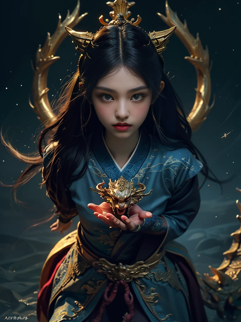 tmasterpiece，best qualtiy，realisticlying，photorealestic，The painting depicts a woman standing next to a dragon，The background is an incomparably vast starry sky，The whole painting uses cute and authentic portraits(Handsome realistic portrait style)，And has dark blue eyes。Long hair fluttering and cute(Cute:2)。The whole painting shows excellent realism and detail(photorreal details)，Light and shadow tracking，Rich in detail，Close-up of a woman in Han costume with a dragon，Portrait of a dragon girl，Dragon-inspired cloth robe，asiagirl，Long flowing black hair，Dragon girl，Dragon in the background，Golden dragon，Hanging ornaments，Chinese fantasy