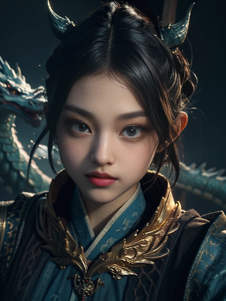 tmasterpiece，best qualtiy，realisticlying，photorealestic，The painting depicts a woman standing next to a dragon，The background is an incomparably vast starry sky，The whole painting uses cute and authentic portraits(Handsome realistic portrait style)，And has dark blue eyes。Long hair fluttering and cute(Cute:2)。The whole painting shows excellent realism and detail(photorreal details)，Light and shadow tracking，Rich in detail，Close-up of a woman in Han costume with a dragon，Portrait of a dragon girl，Dragon-inspired cloth robe，asiagirl，Long flowing black hair，Dragon girl，Dragon in the background，Golden dragon，Hanging ornaments，Chinese fantasy