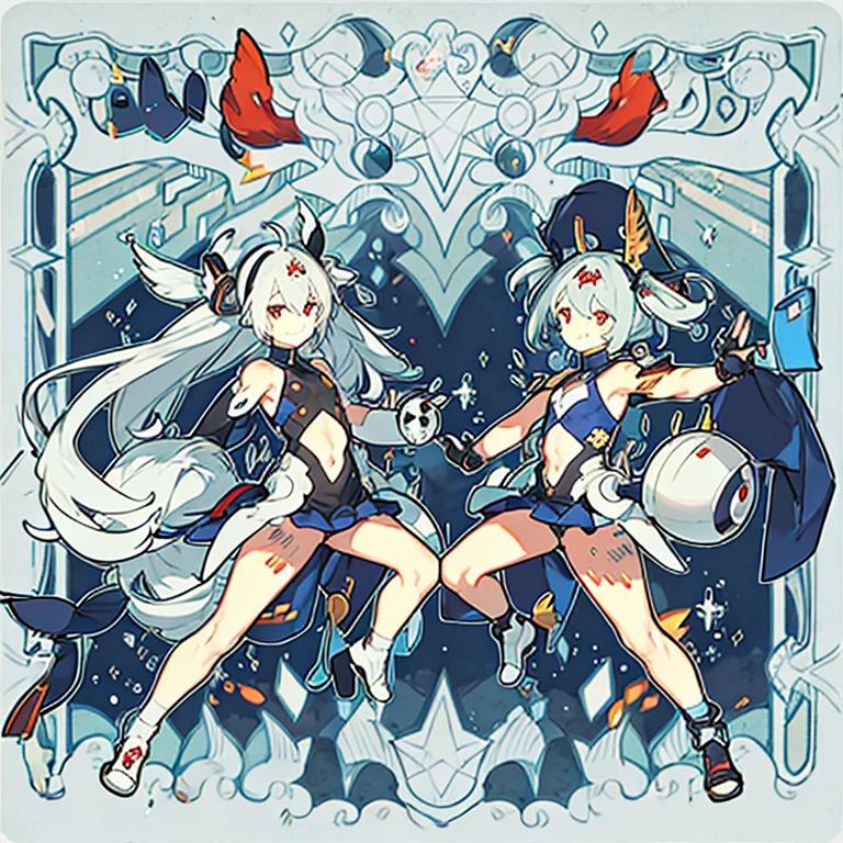 chest, High resolution, Gaze, smile, Shortcuts, bangs, Red eyes, Headpiece, 目の間のbangs, Headband, Horns of the beast, Multiview, Decorative art, masterpiece, accurate, Anatomically correct, 最high quality, High resolution, High detail, High-resolution model, high quality, Very detailed, Grey Hair, Silver Hair, 交差するbangs, chest, Hide your ears, Open your mouth a little, tooth, Smiling with teeth showing, Slanted Eyes, Multiview, Overlooking, Character portrait, Setting diagram, Status Table, bonus, Character Design画, Headband, Mole at the corner of the mouth, Feather Hair Accessories, Drop Shadow, 8k octane, anime, anime風, Character Design, Brown skin、Bone wings on the back、Muscle Exposure、Shoulder Bare、Mechanical limbs、