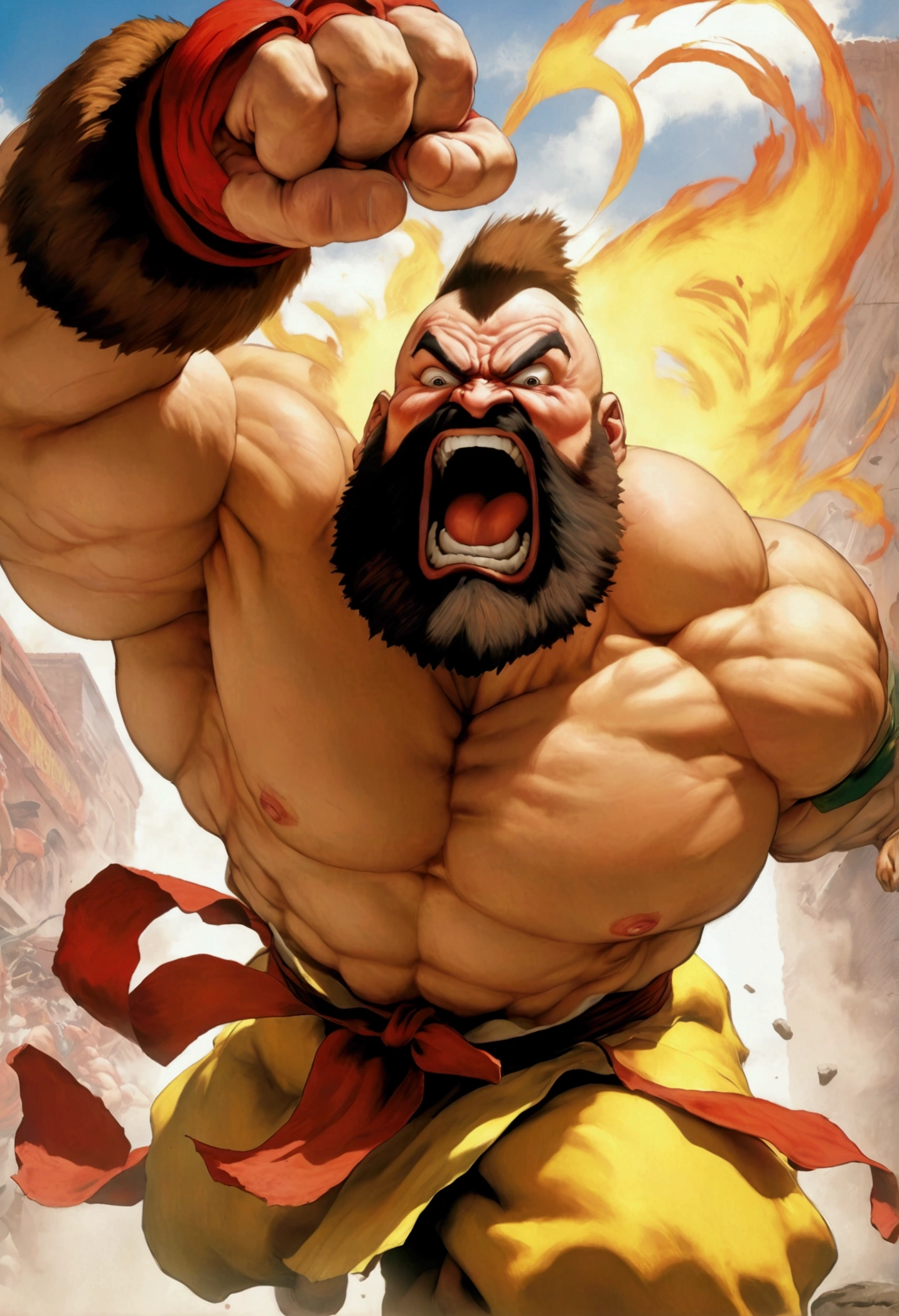 Street fighter 2 Zangief, doing his victory moves while laughing, viewed from a low angle