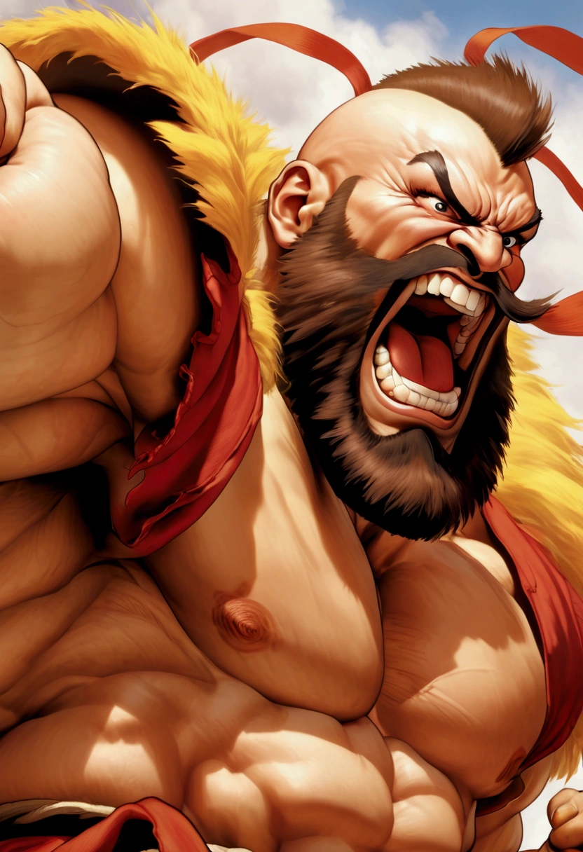 Street fighter 2 Zangief, doing his victory moves while laughing, viewed from a low angle
