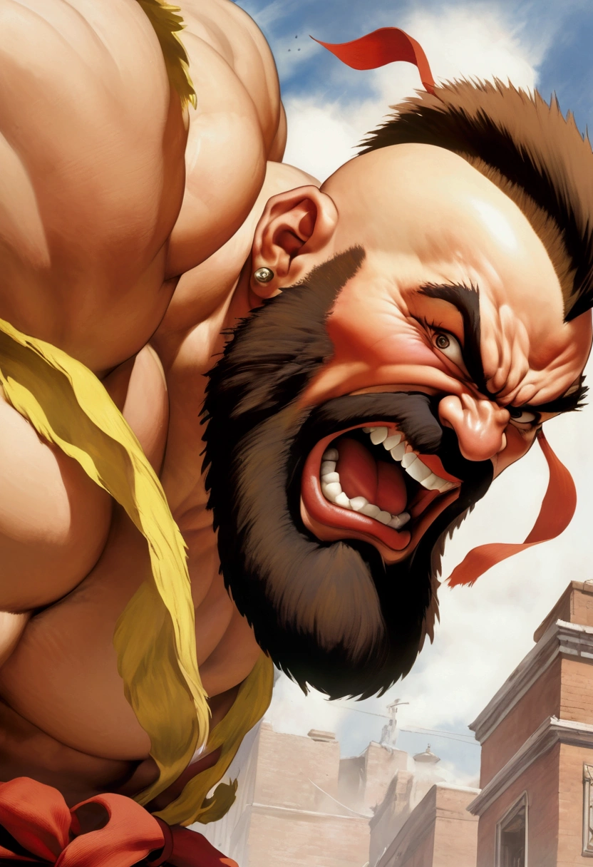 Street fighter 2 Zangief, doing his victory moves while laughing, viewed from a low angle