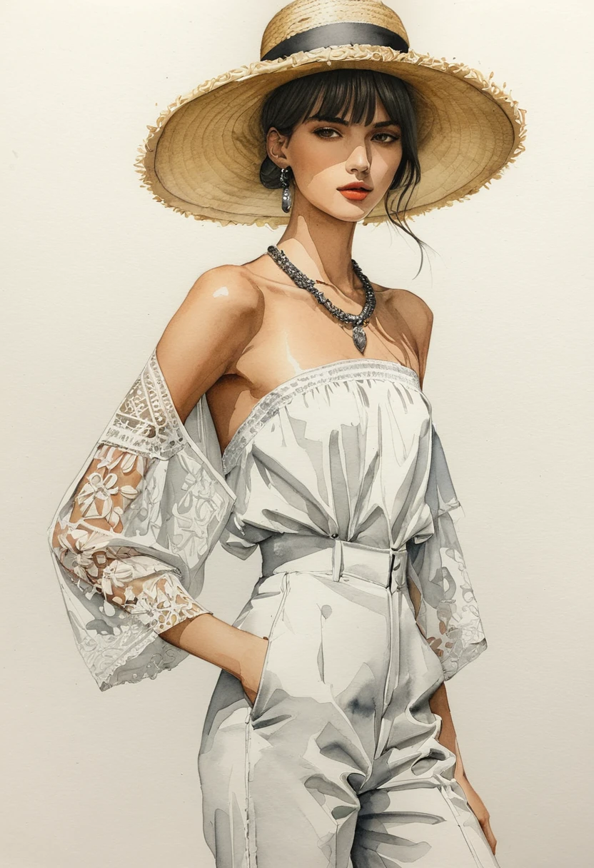 candid fashion illustration of young man and woman, both aged 23 year old, tall and slender, super model, ((showcase fashion in a White cotton outfits)), clothes inspired by Christian Dior's resort collection 2024 in elegant bohemian style with ethnic woven details. The man wears an oversized short-sleeved shirt with lace transparent details, paired with relaxed-fit Pants, semi bugle, He completes his look with sneakers, round sunglasses, hat, The woman complements him in a white strapless cotton dress with lace embroidery details in white on the top edge and features side entry pockets, Her ensemble includes an accessorizes with a wide-brimmed straw hat, white sneakers and big necklace. Captured in a ((full-body pose)), ((simple water-color on white paper background)), realistic pencil lines, imperfect drawing, charcoal lines detail, fading sketch, fashion Sketching, Dutch angle,