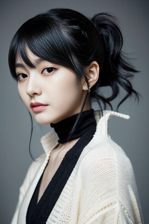 A beautiful 25 year old Japanese female vampire with black hair in a ponytail, White skin, Serious expression, He&#39;s wearing a black and orange assassin&#39;s outfit., Waist up shot, Dynamic pose, ambient lighting, Photorealism, Intricate facial details, Exquisite handcrafted details, Very detailed, Bright colors, Cinematic, High resolution, Art Station Trends - Style Row