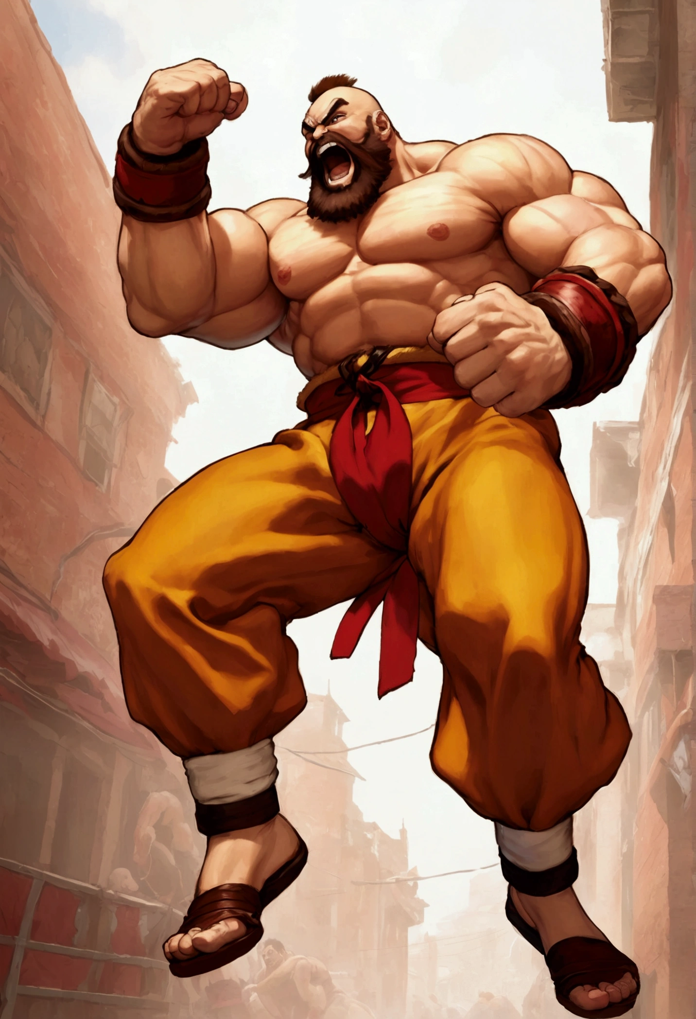 Street fighter 2 Zangief, doing his victory moves while laughing, viewed from a low angle