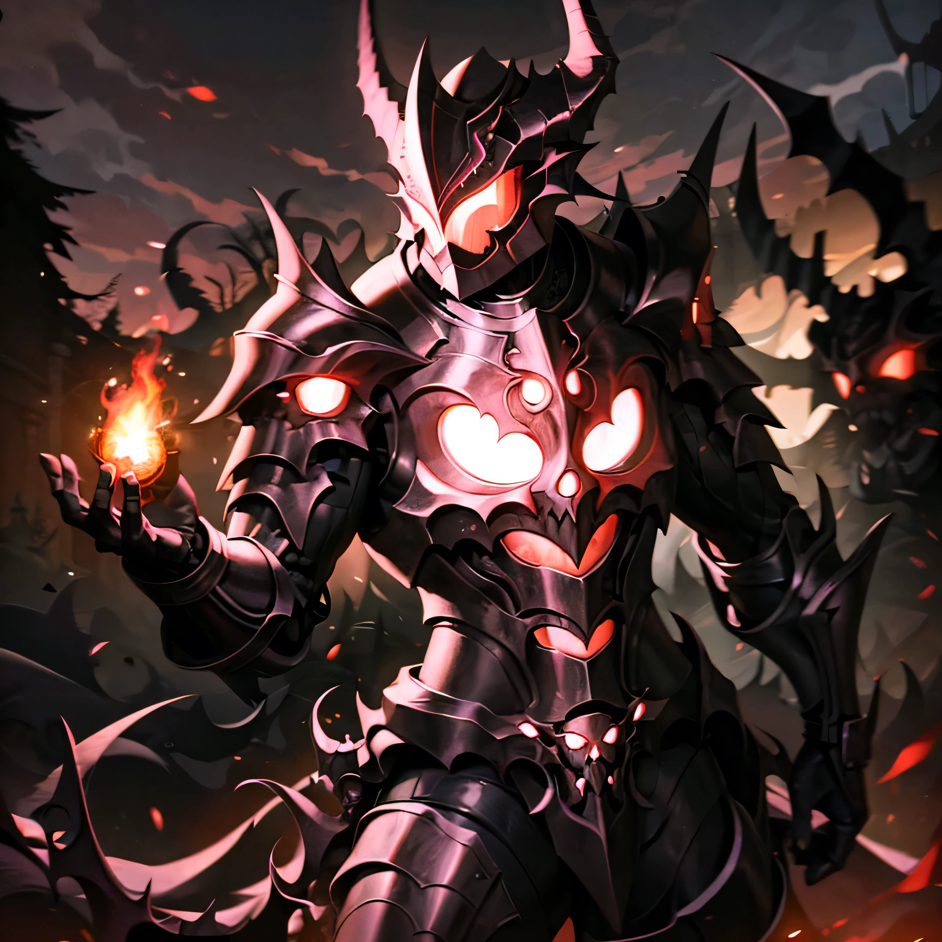 dragon, black armor, helmet with horns, red glowing, outdoors, forest, night, night sky
