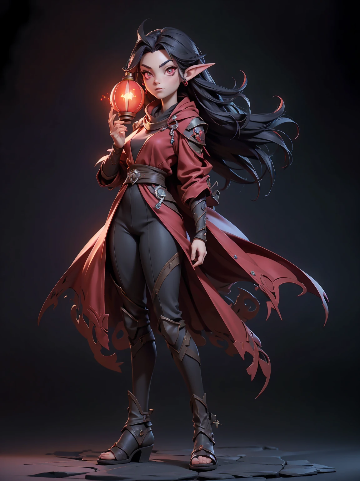 (((masterpiece, best quality, 16k))) girl with red eyes holding a glowing lantern in a dark forest, dark elf, dark fantasy style art, dark elf princess, dnd portrait of a tiefling, epic rpg portrait, alena aenami and artgerm, extremely detailed artgerm, epic fantasy art style, in style of dark fantasy art, epic fantasy digital art style, with red glowing eyes((full body view))